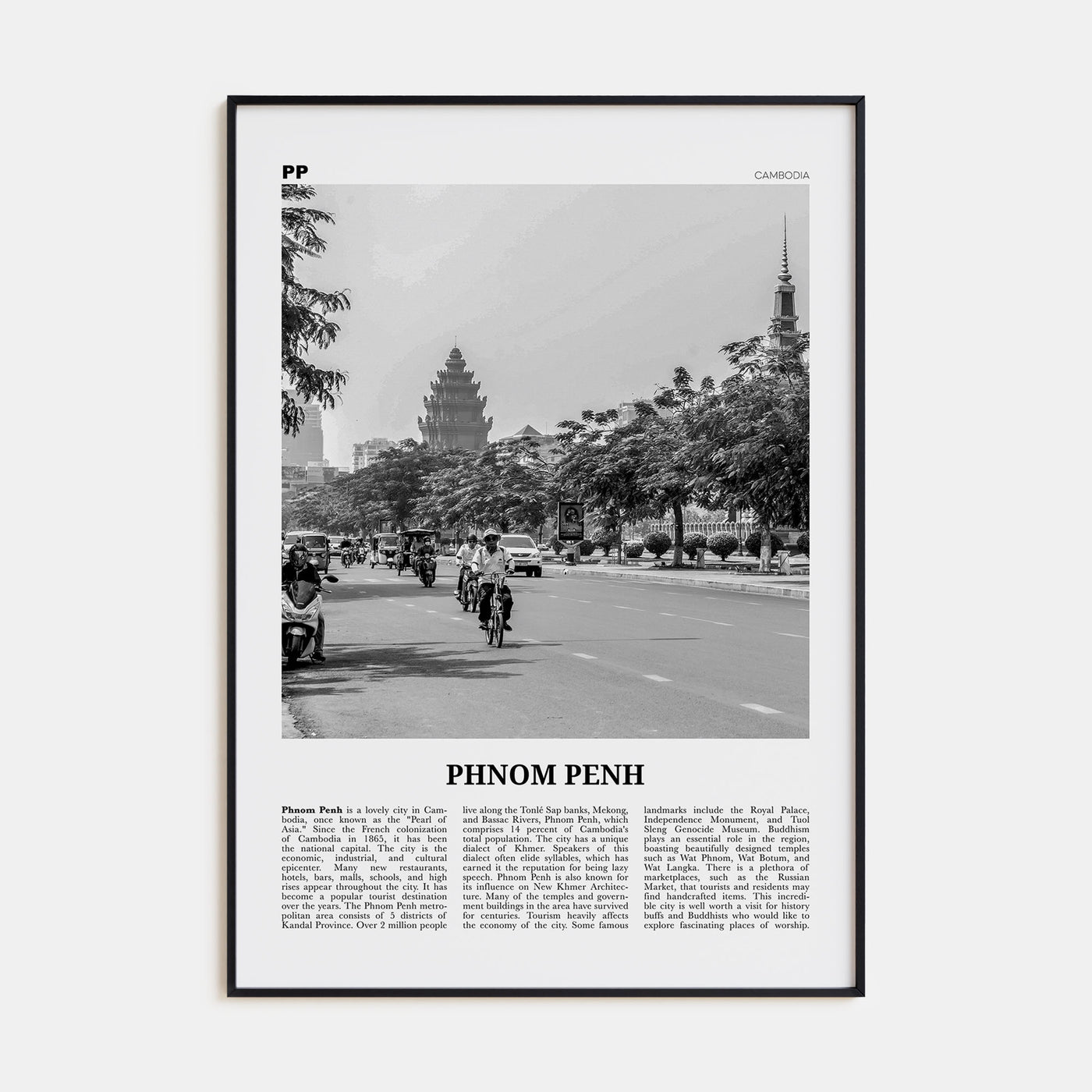Phnom Penh Travel B&W Poster