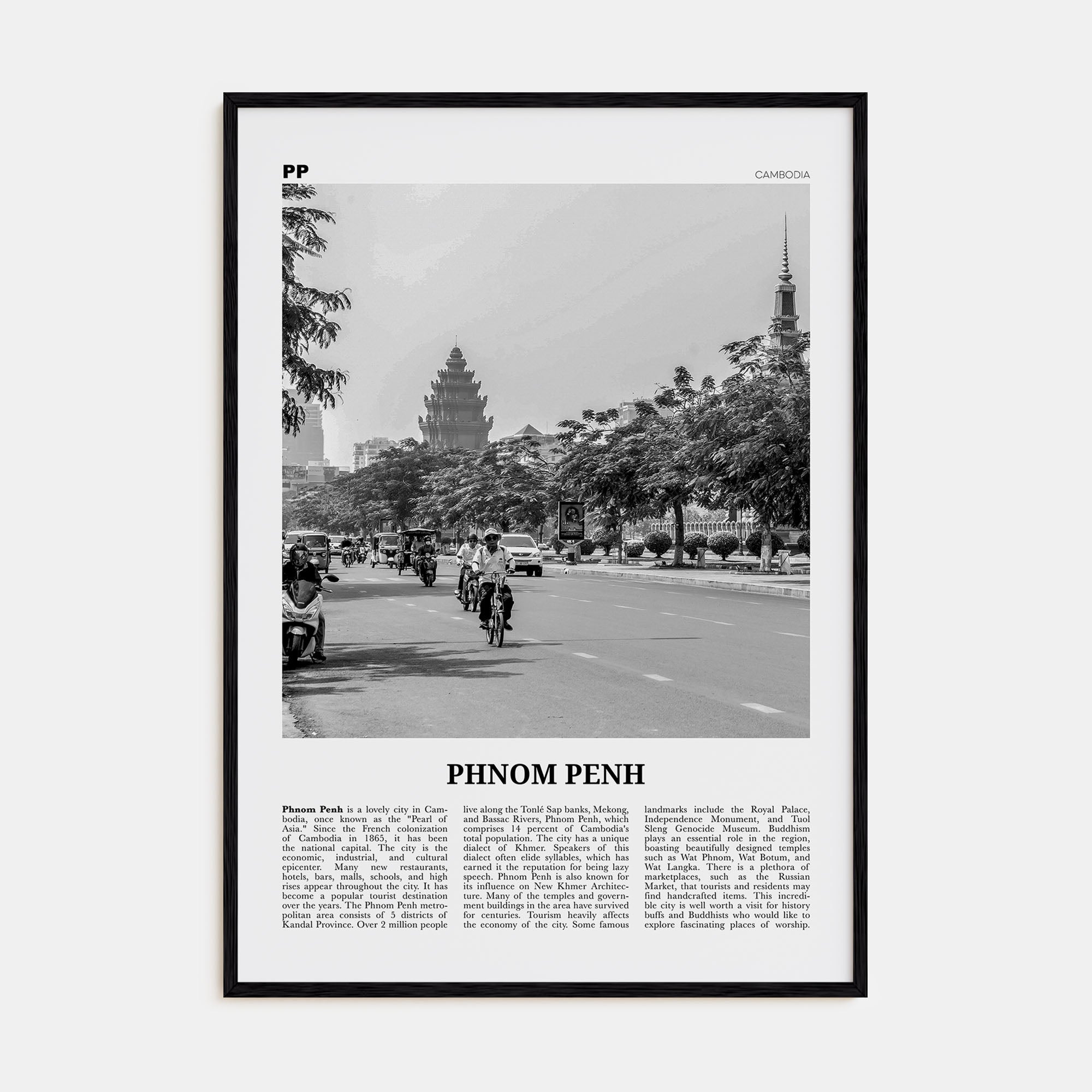 Phnom Penh Travel B&W Poster
