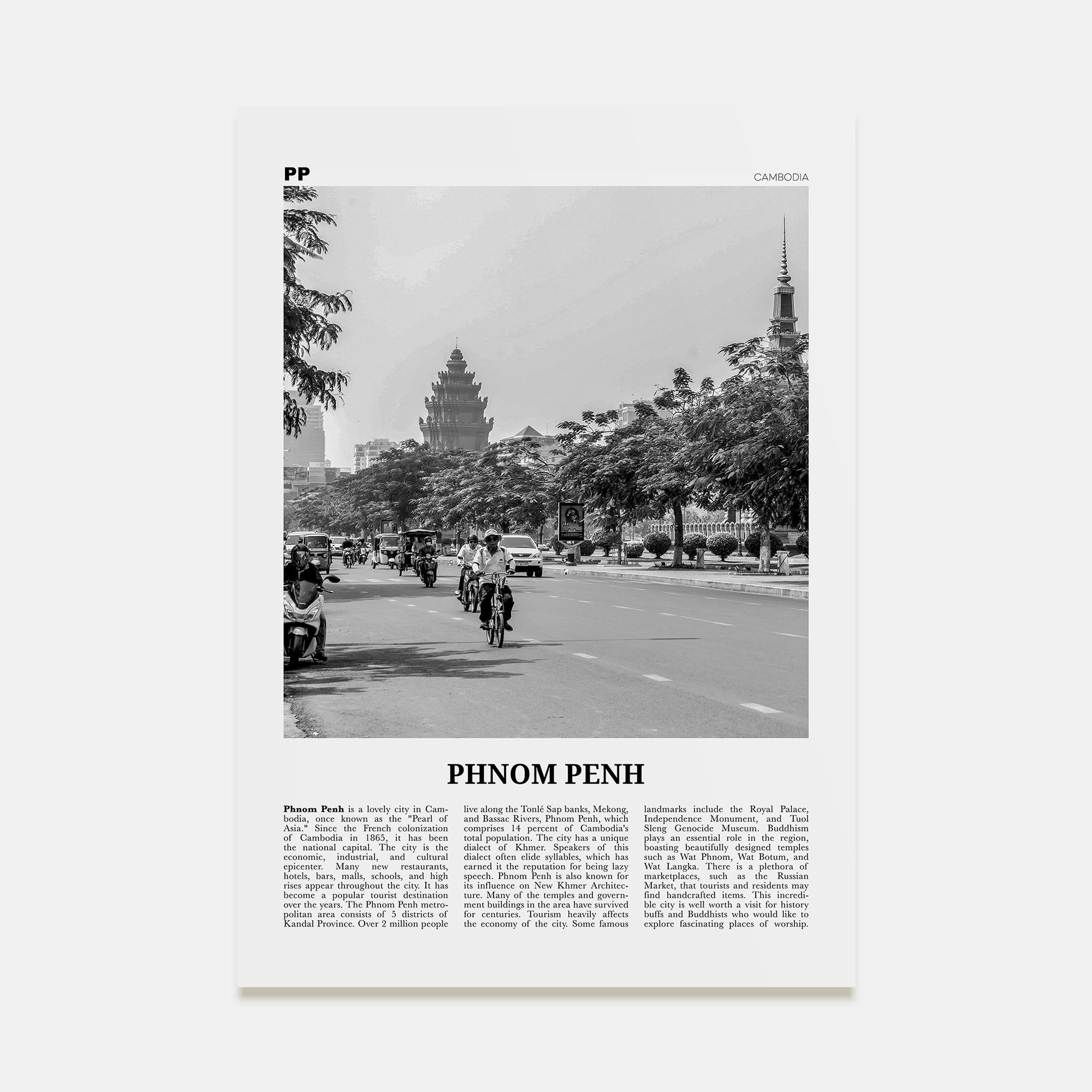 Phnom Penh Travel B&W Poster