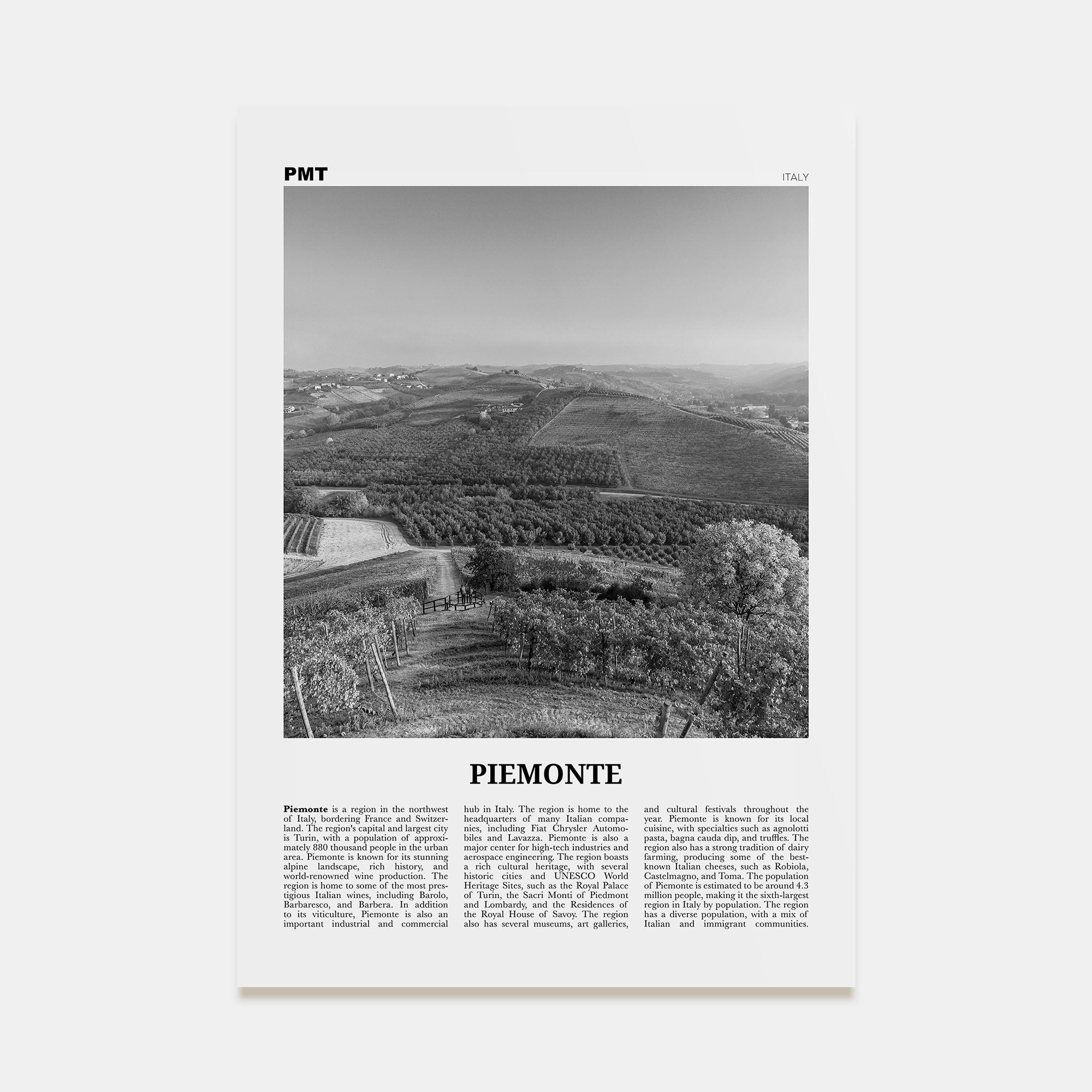 Piemonte Travel B&W Poster