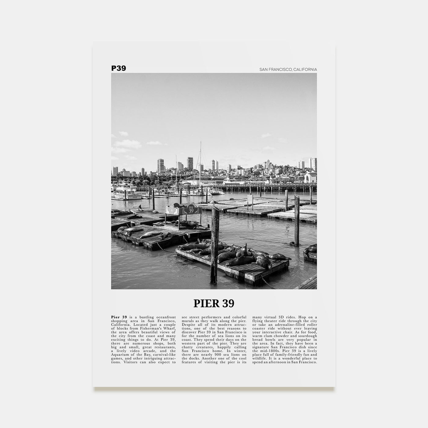Pier 39 Travel B&W Poster