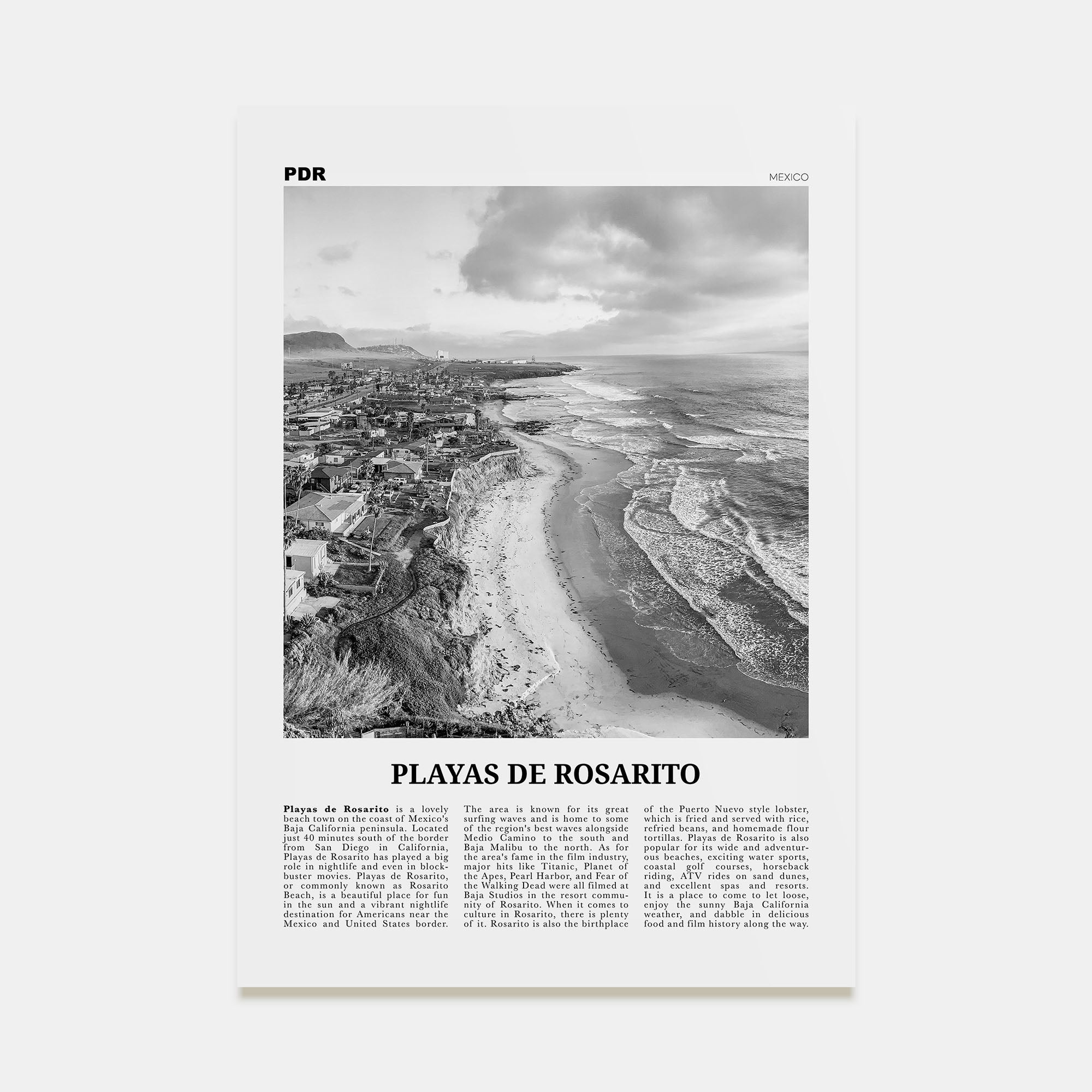 Playas de Rosarito Travel B&W Poster