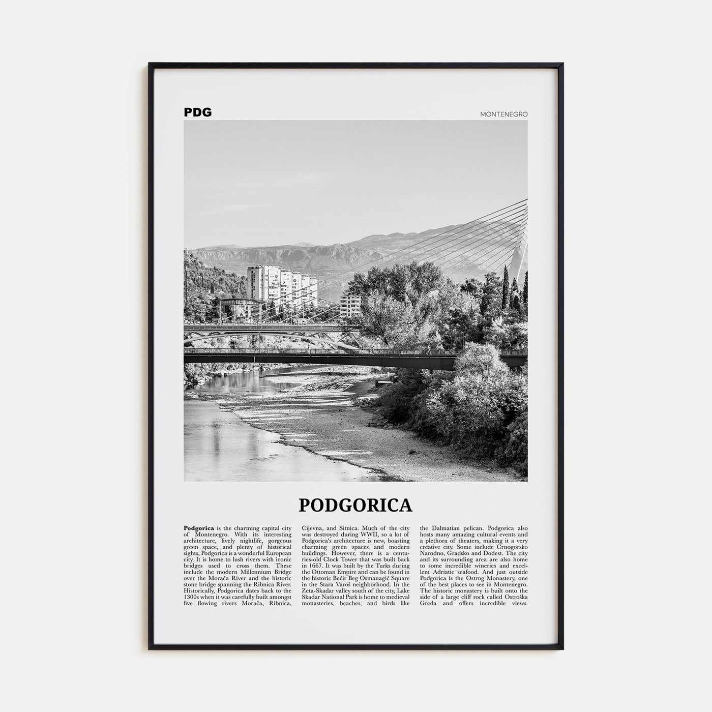 Podgorica Travel B&W Poster