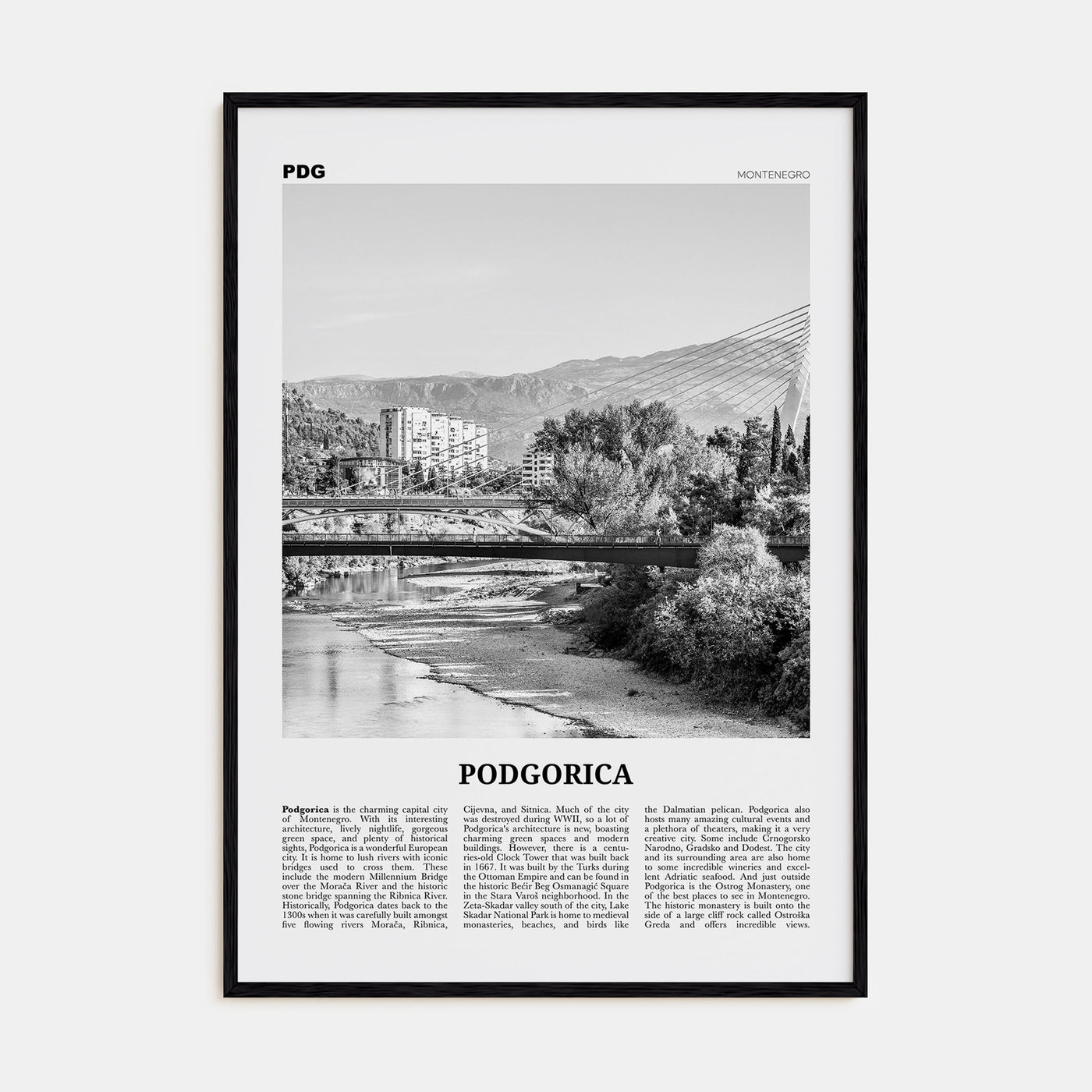 Podgorica Travel B&W Poster