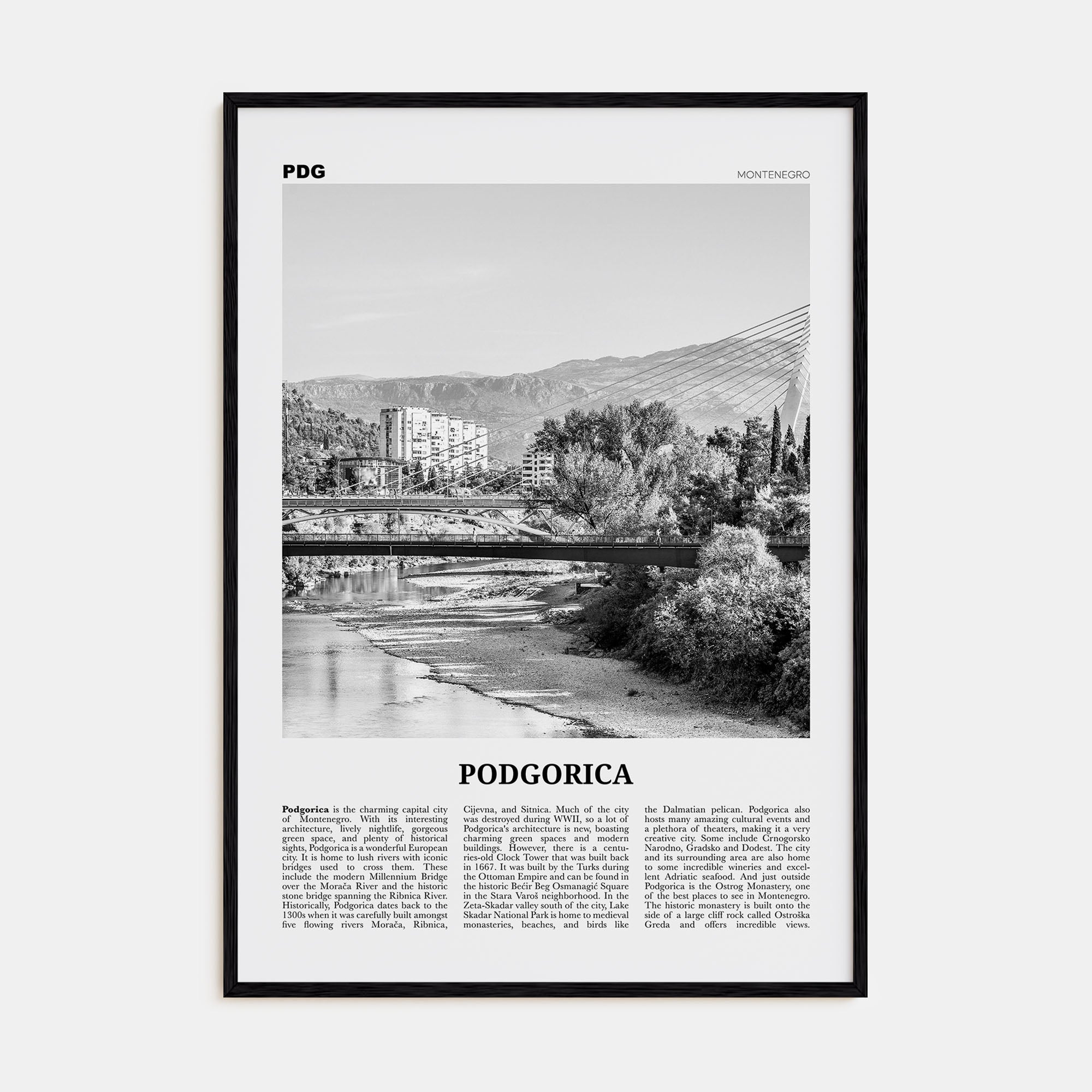 Podgorica Travel B&W Poster