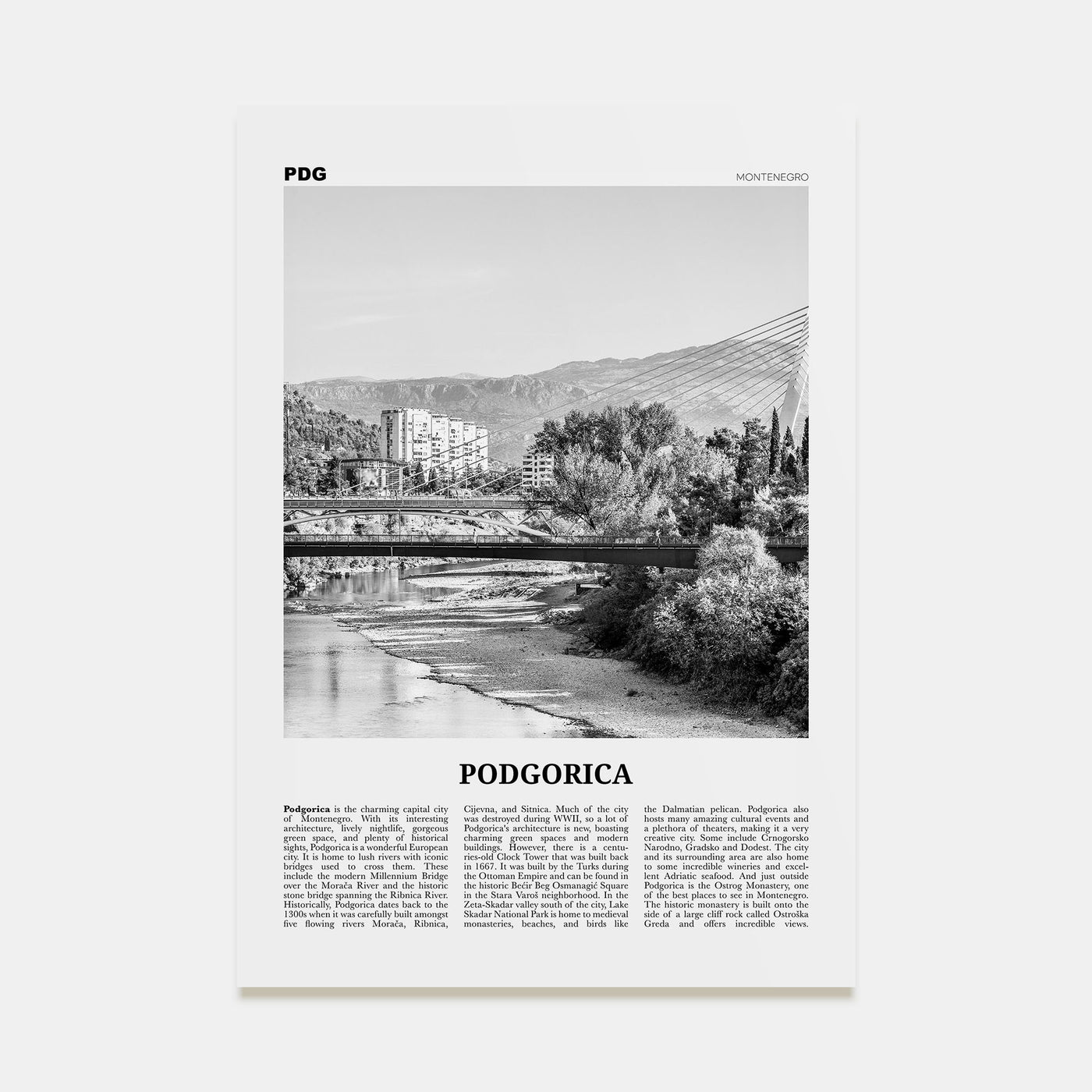 Podgorica Travel B&W Poster