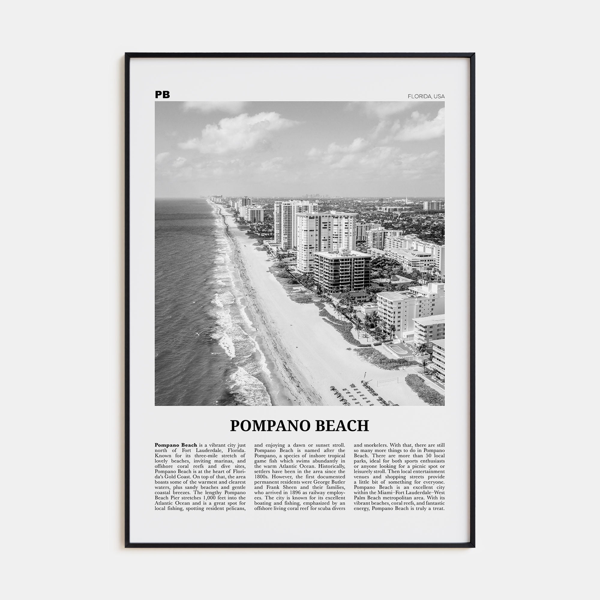 Pompano Beach Travel B&W Poster