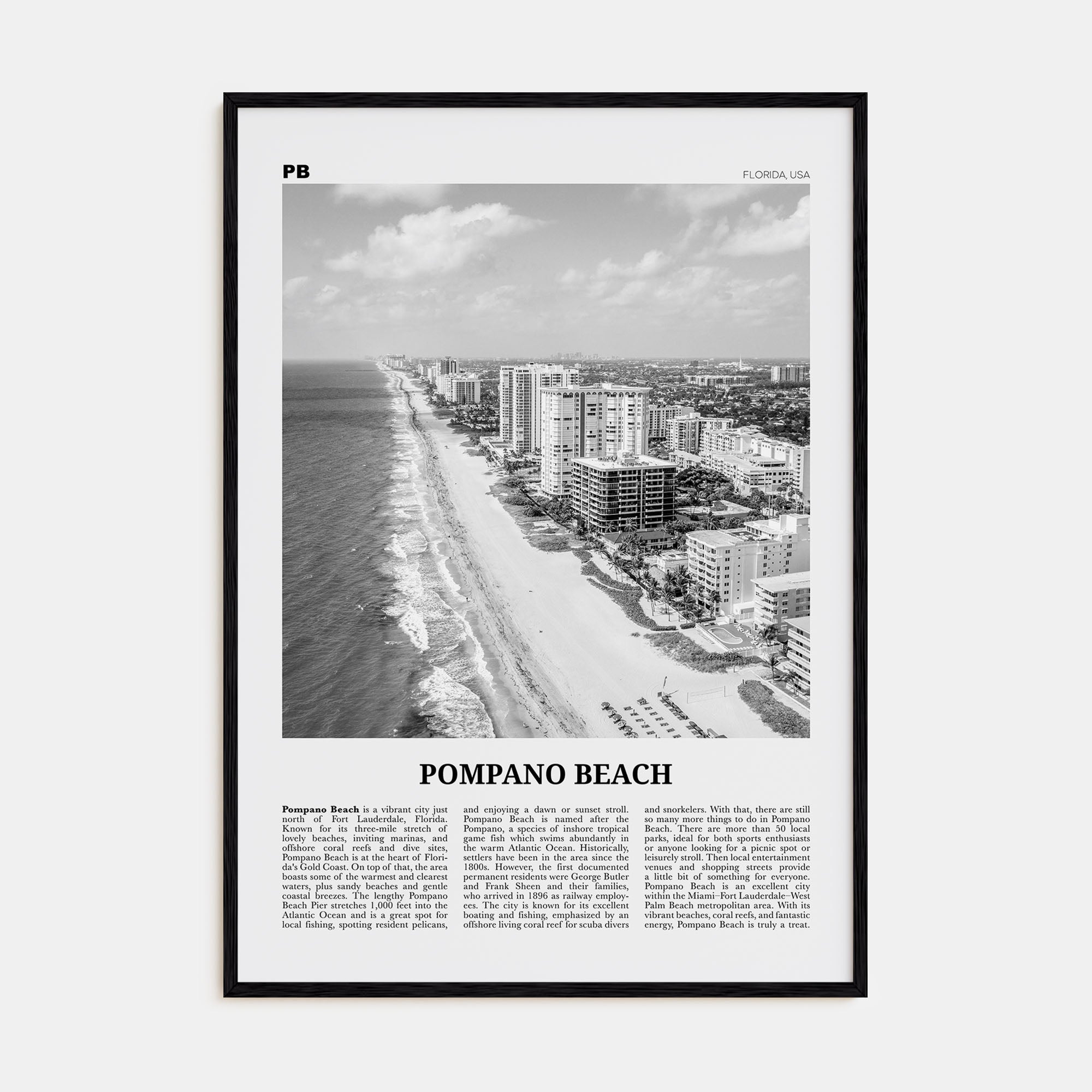 Pompano Beach Travel B&W Poster