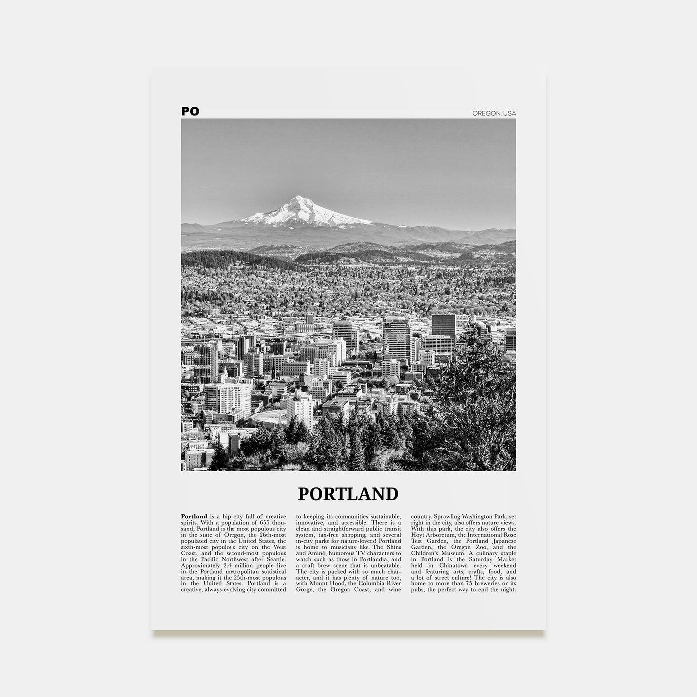 Portland, Oregon Travel B&W No 1 Poster