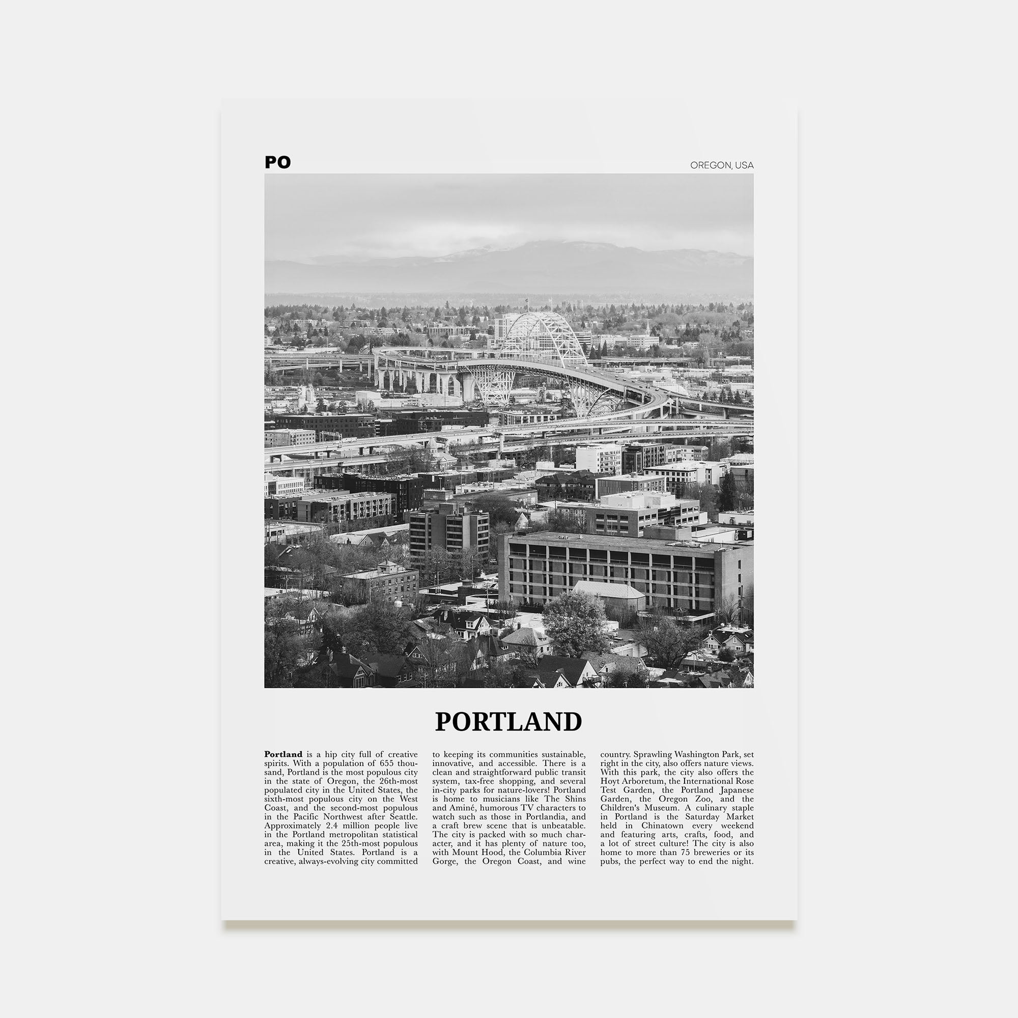 Portland, Oregon Travel B&W No 2 Poster