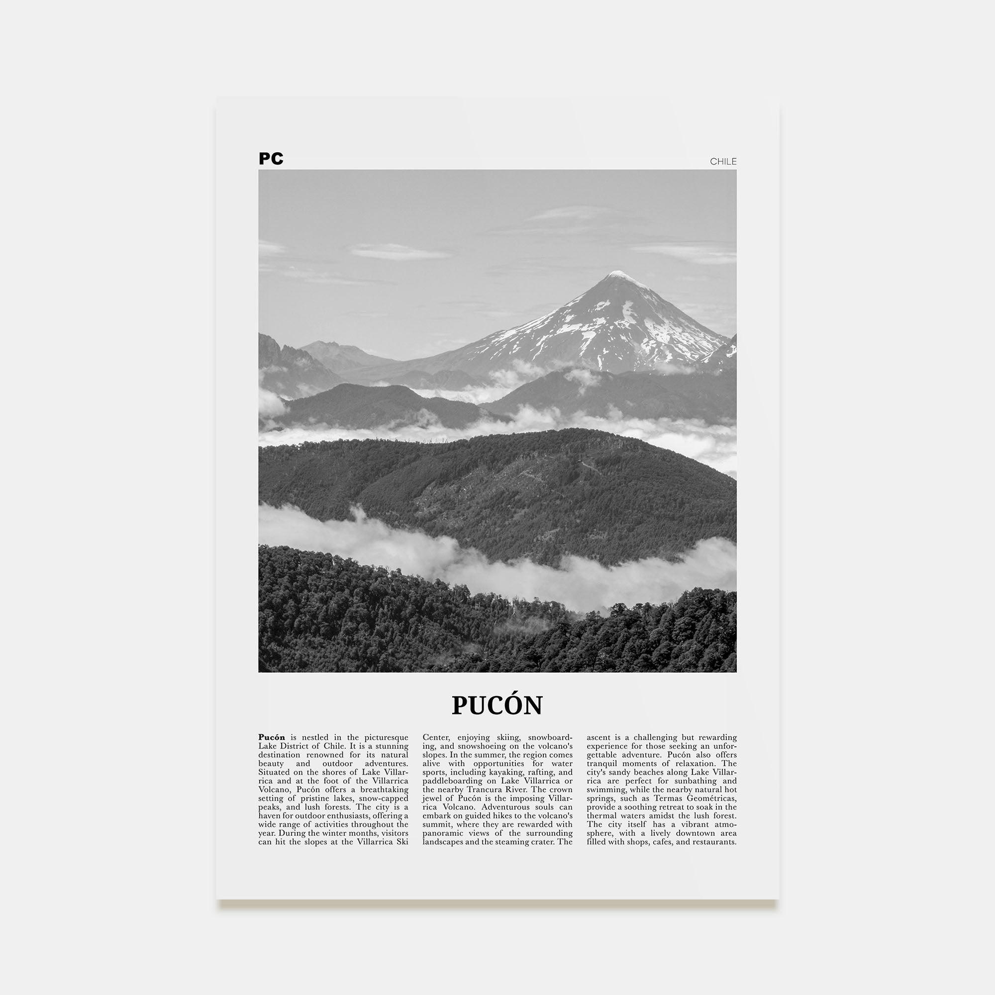 Pucón Travel B&W Poster