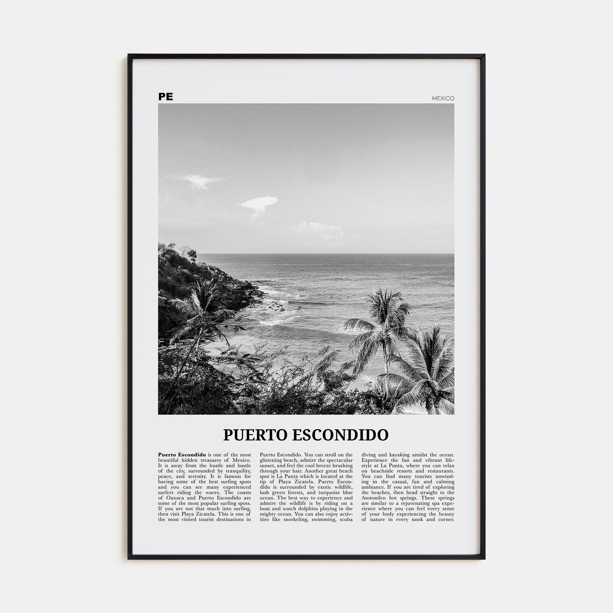 Puerto Escondido Travel B&W Poster