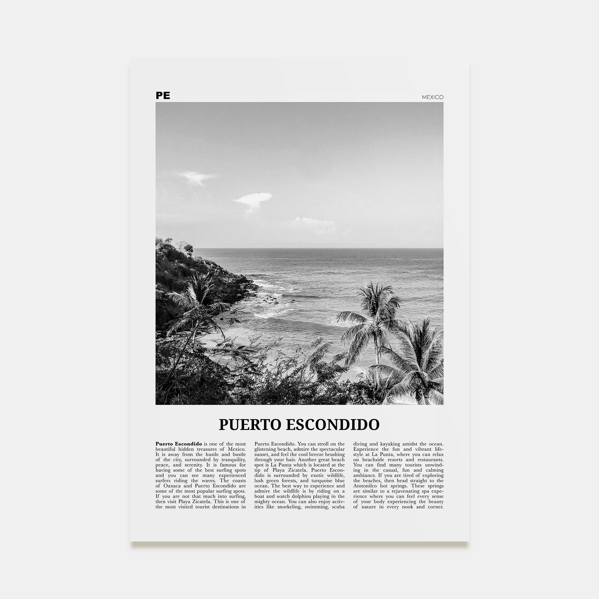 Puerto Escondido Travel B&W Poster