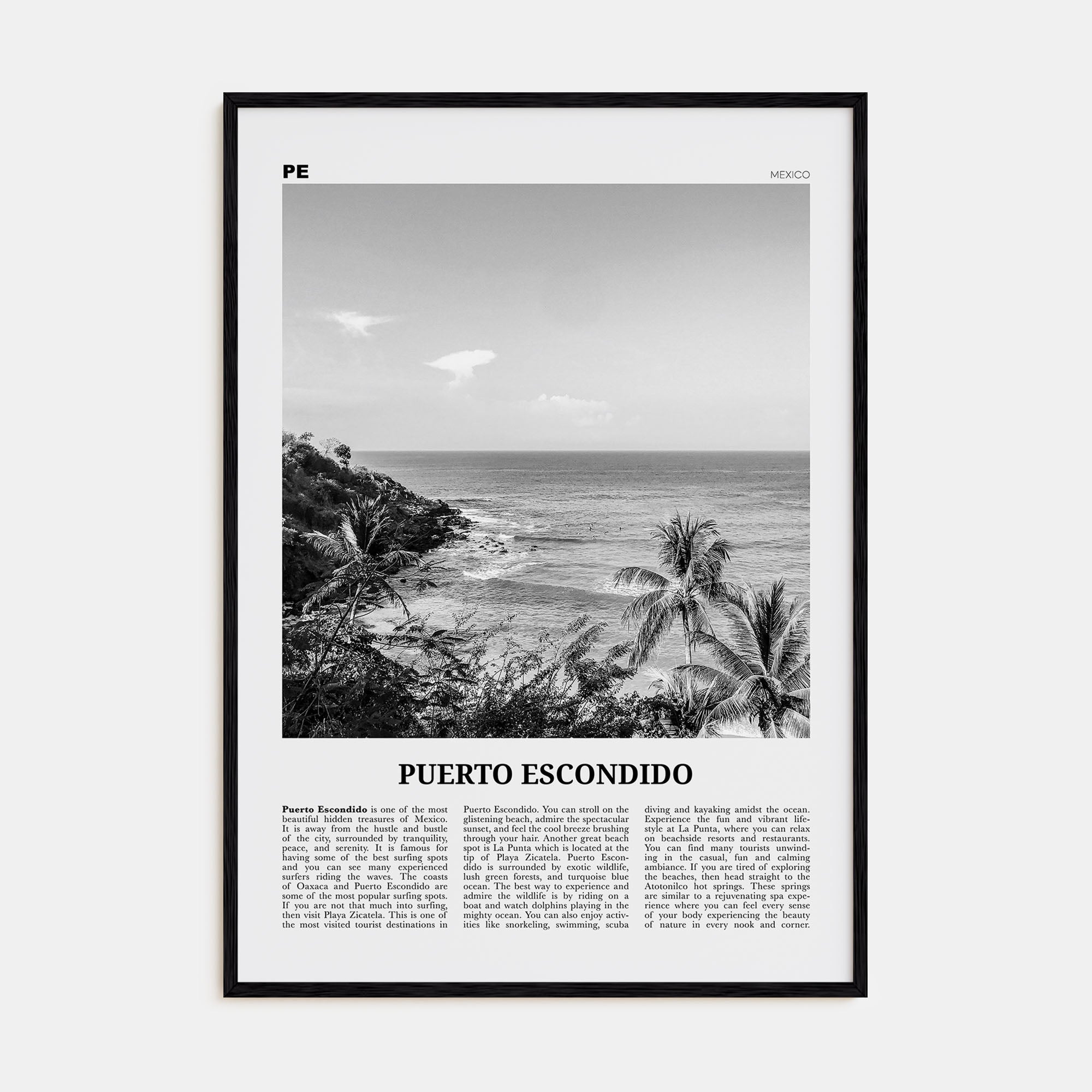 Puerto Escondido Travel B&W Poster