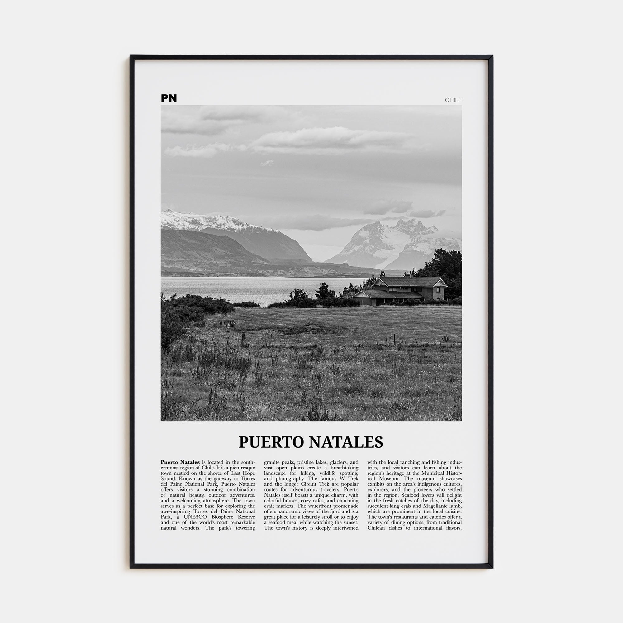 Puerto Natales Travel B&W Poster