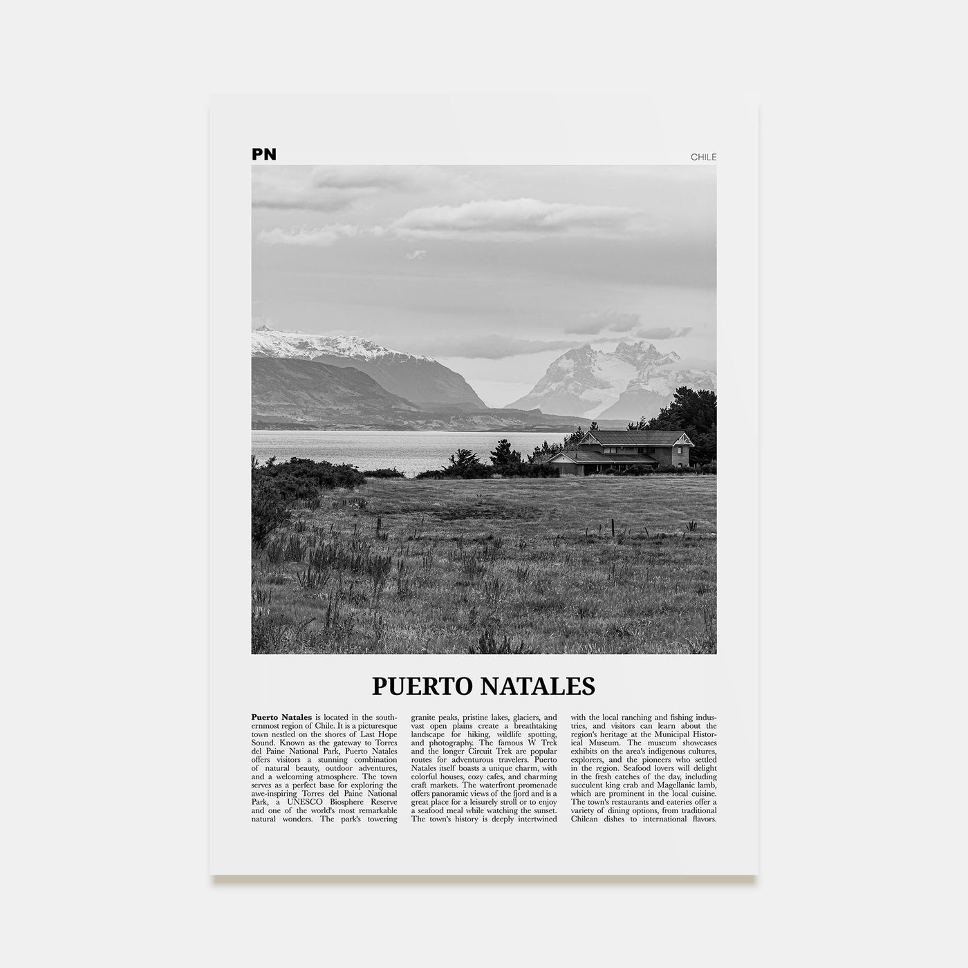 Puerto Natales Travel B&W Poster