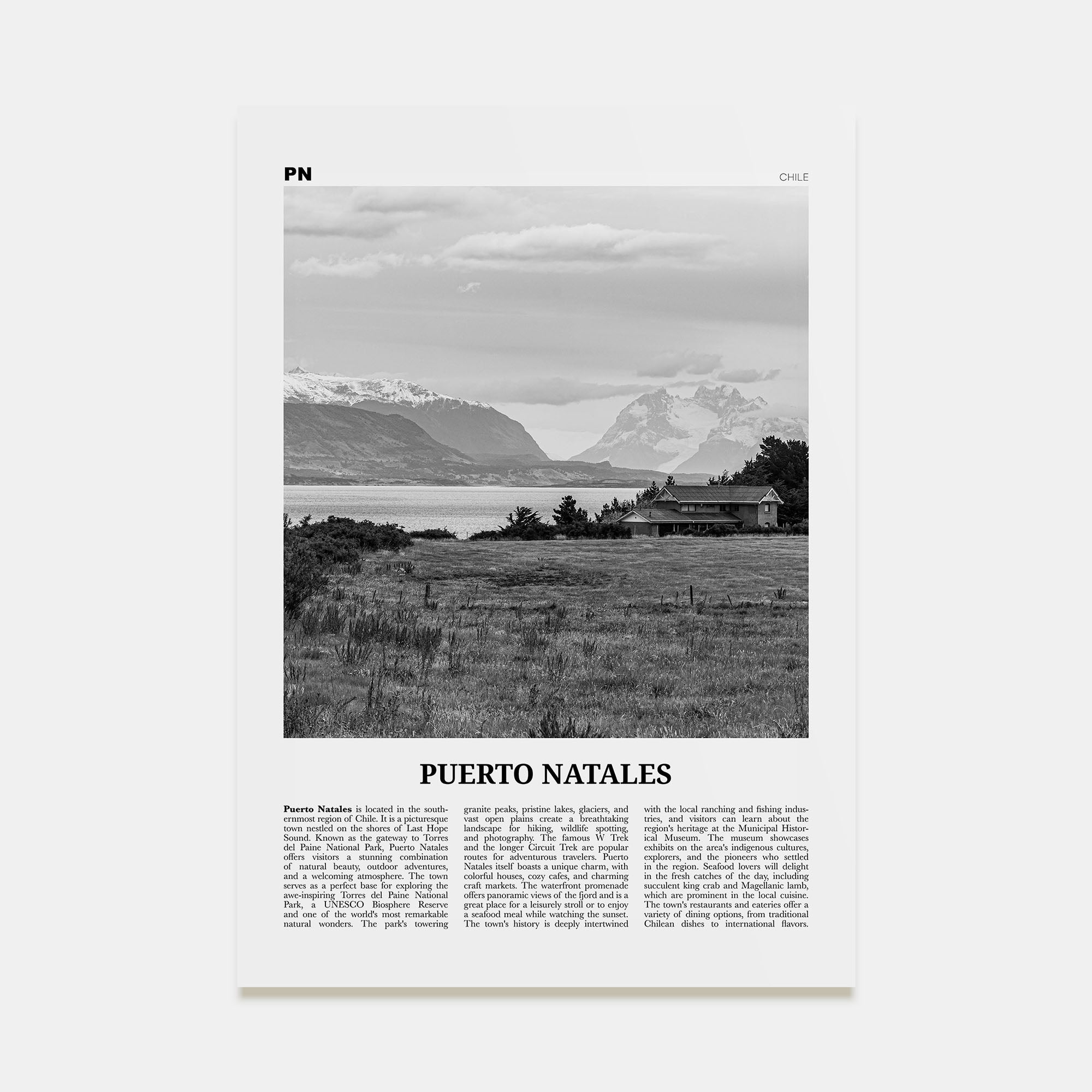 Puerto Natales Travel B&W Poster