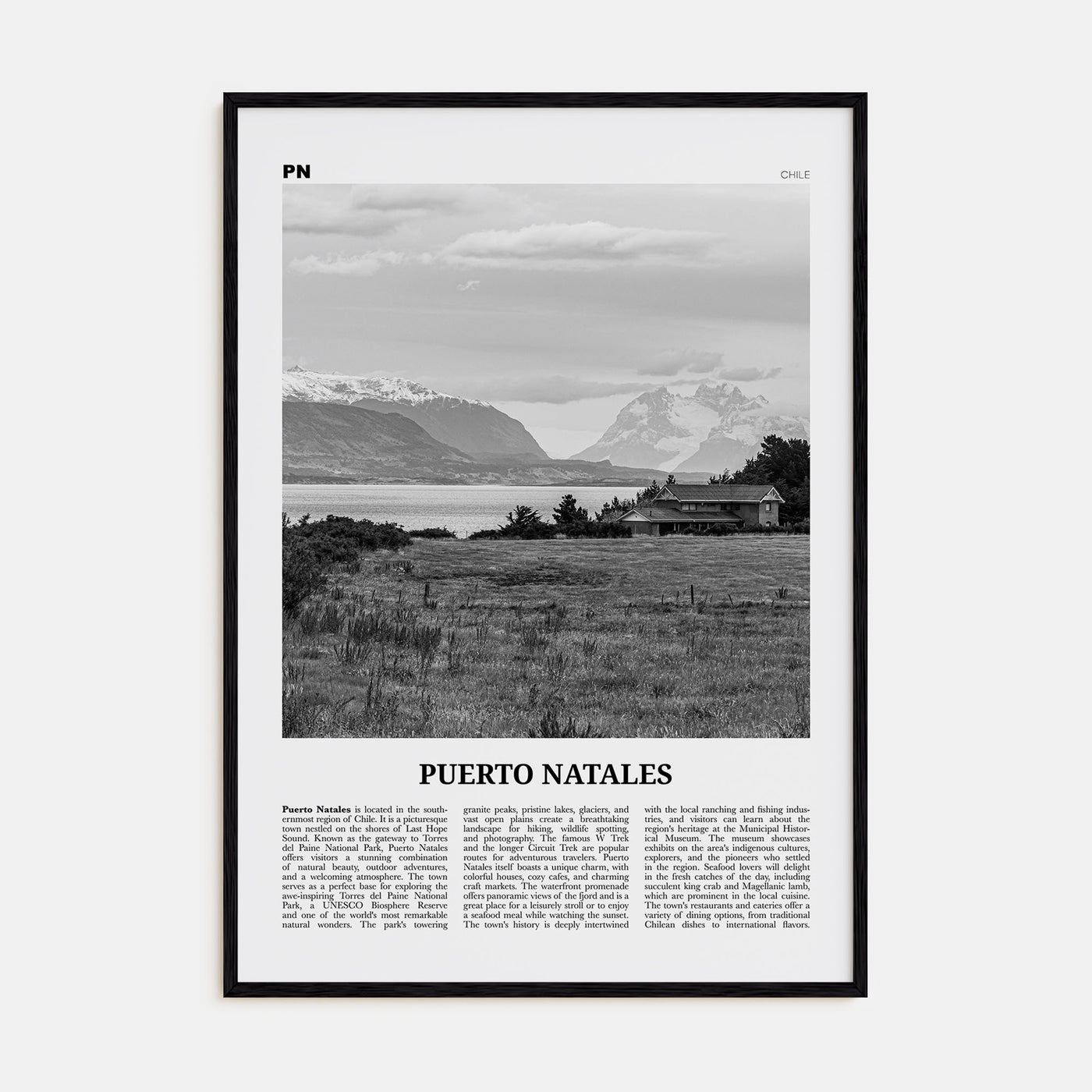 Puerto Natales Travel B&W Poster