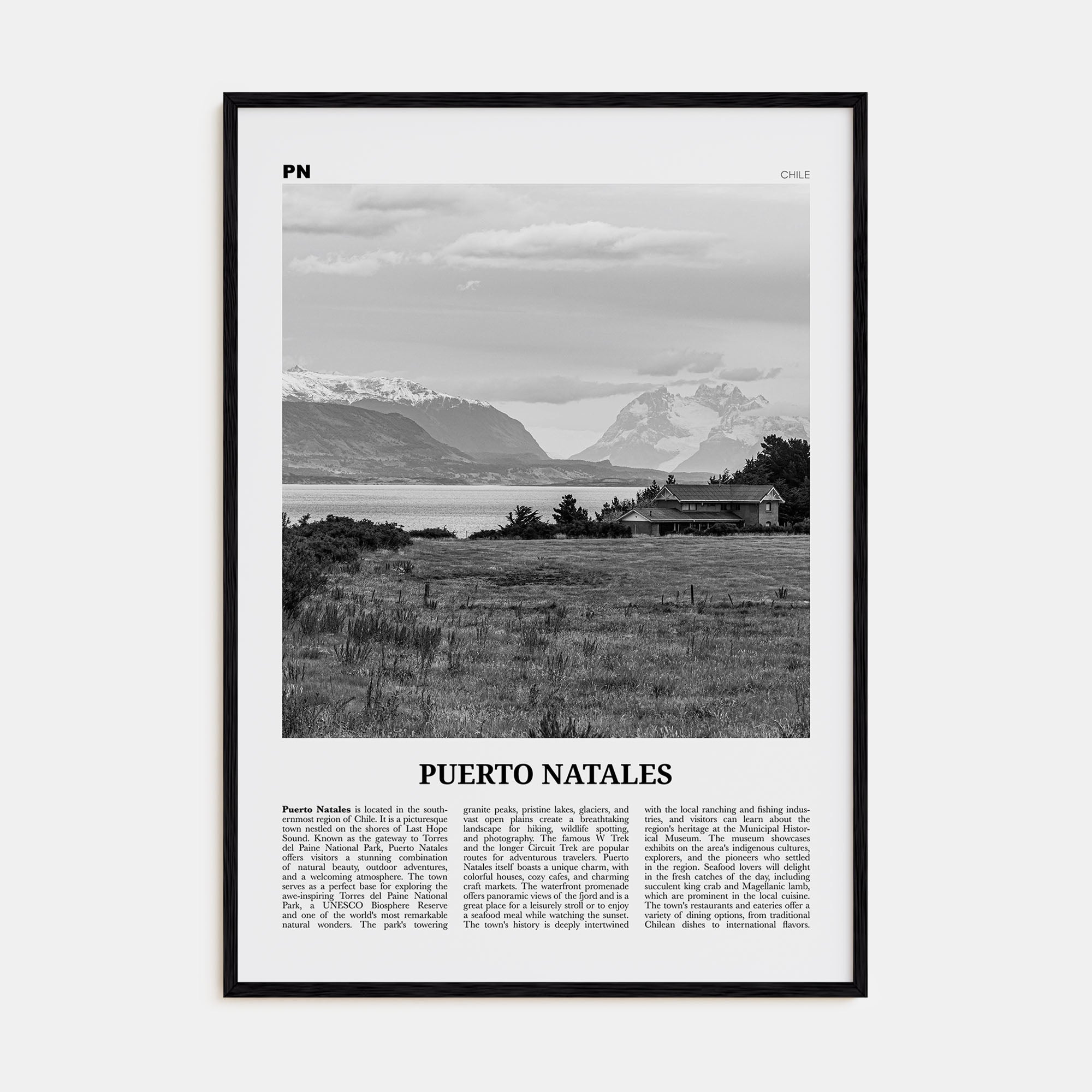 Puerto Natales Travel B&W Poster