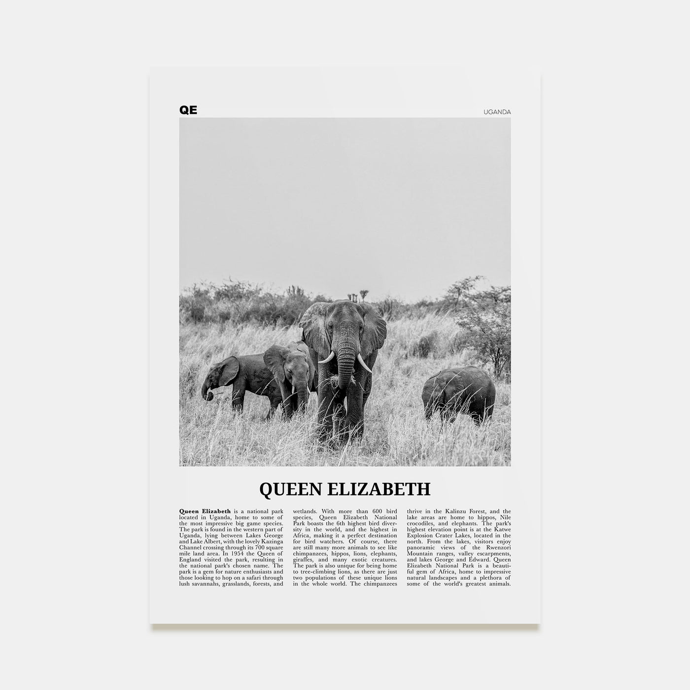 Queen Elizabeth National Park Travel B&W Poster