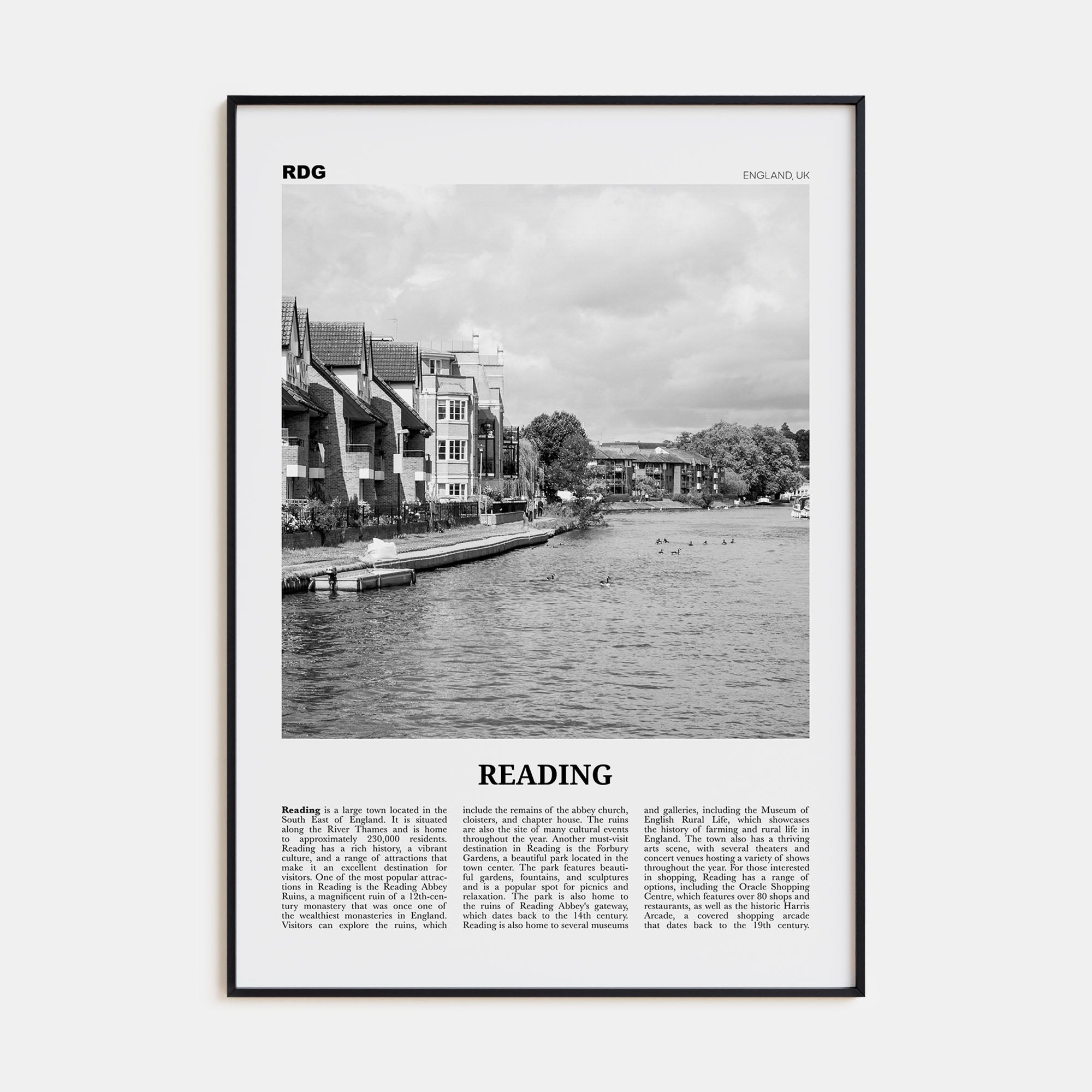 Reading, England Travel B&W Poster