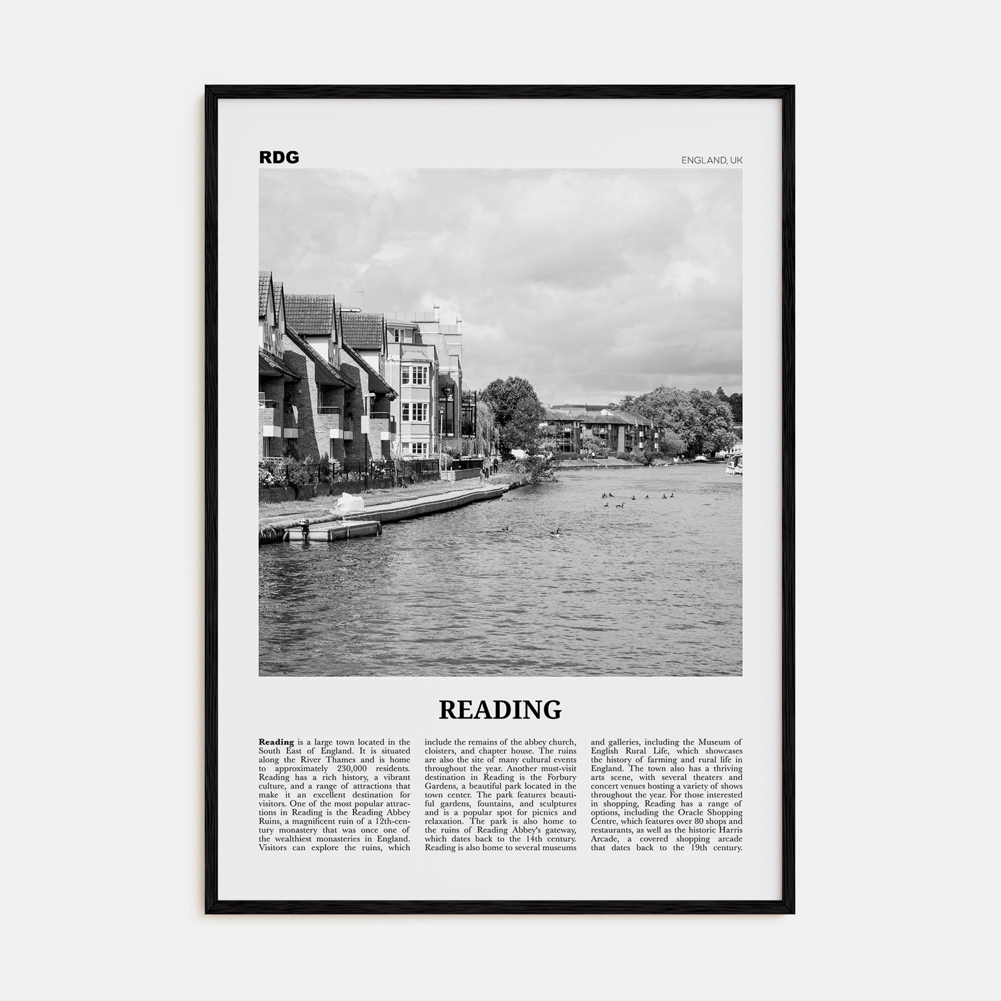 Reading, England Travel B&W Poster
