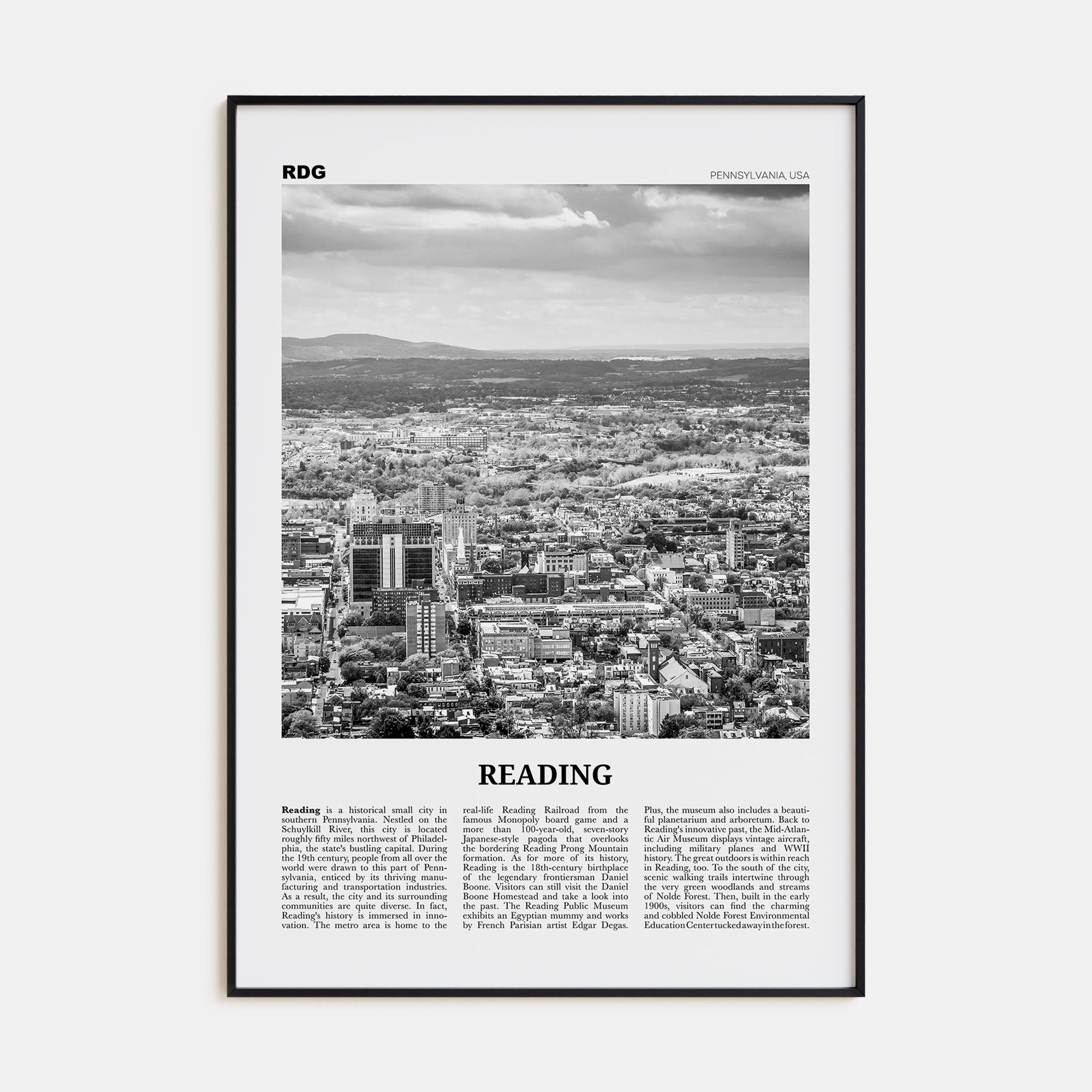 Reading, Pennsylvania Travel B&W Poster