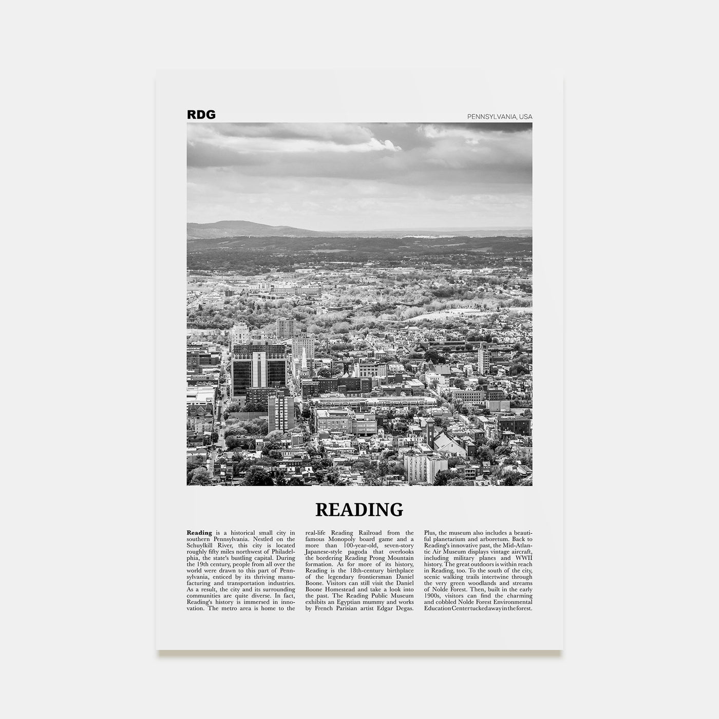 Reading, Pennsylvania Travel B&W Poster