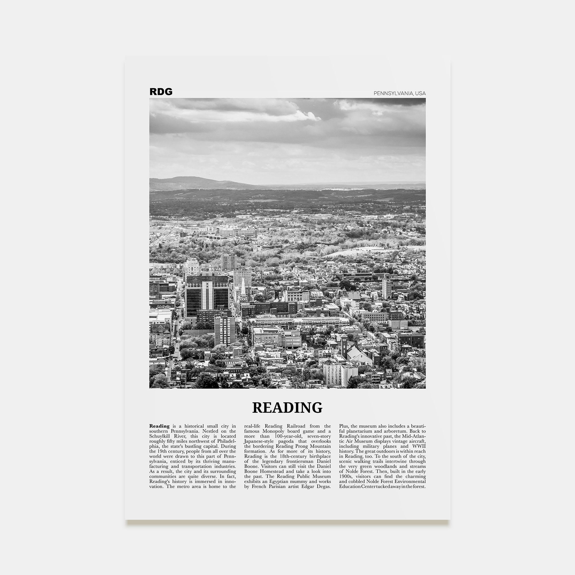 Reading, Pennsylvania Travel B&W Poster