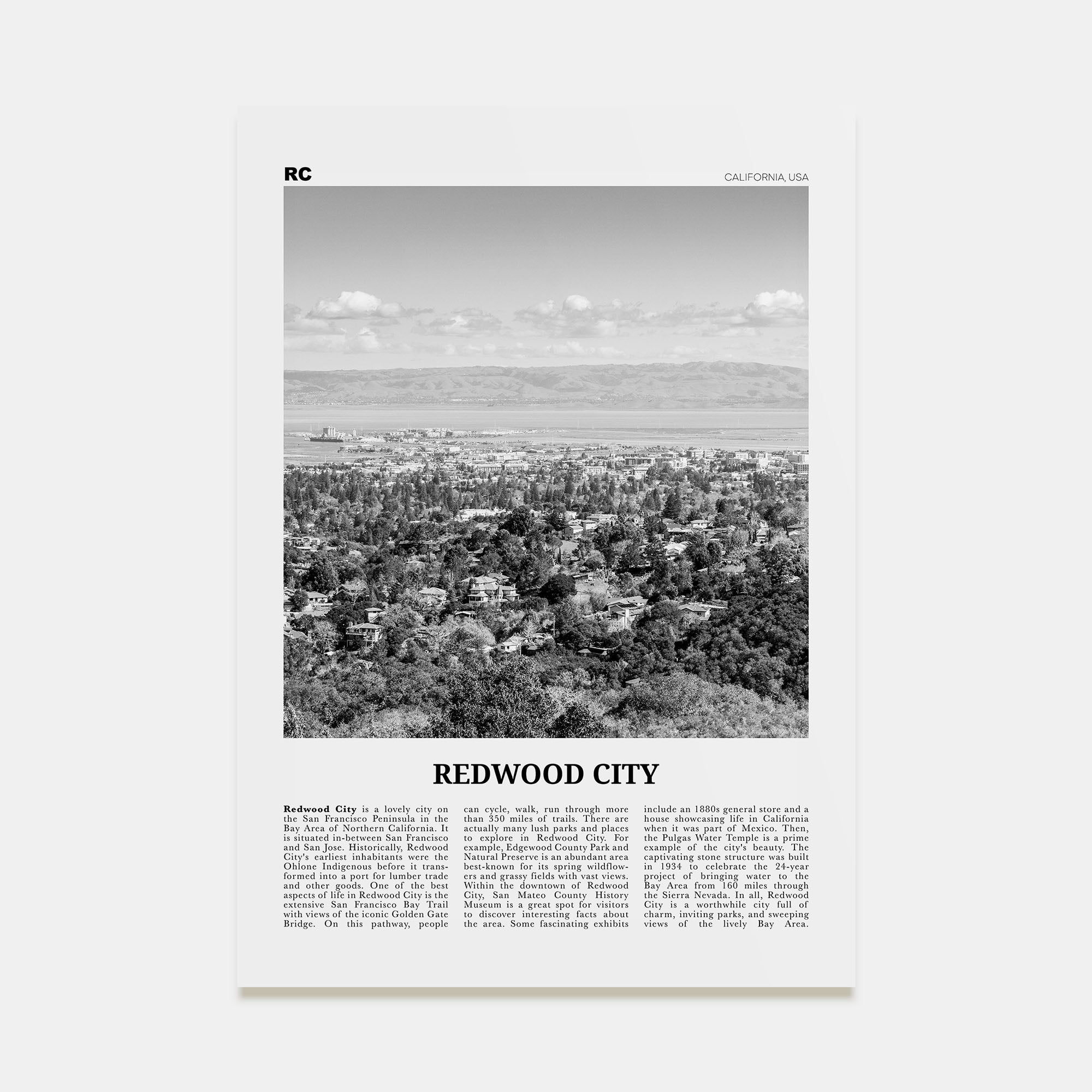 Redwood City Travel B&W Poster