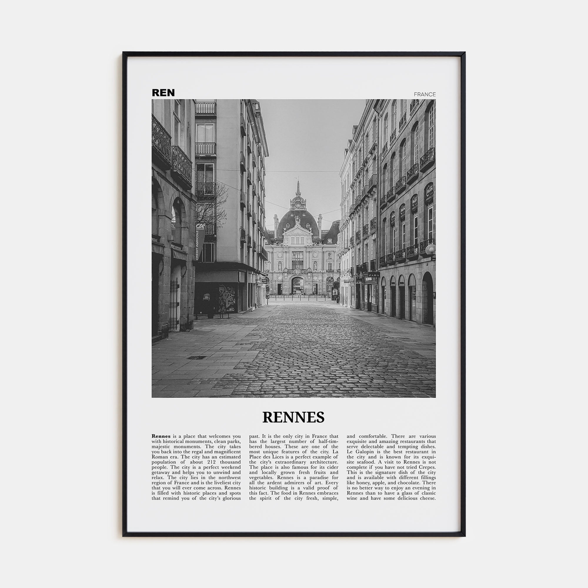 Rennes Travel B&W Poster
