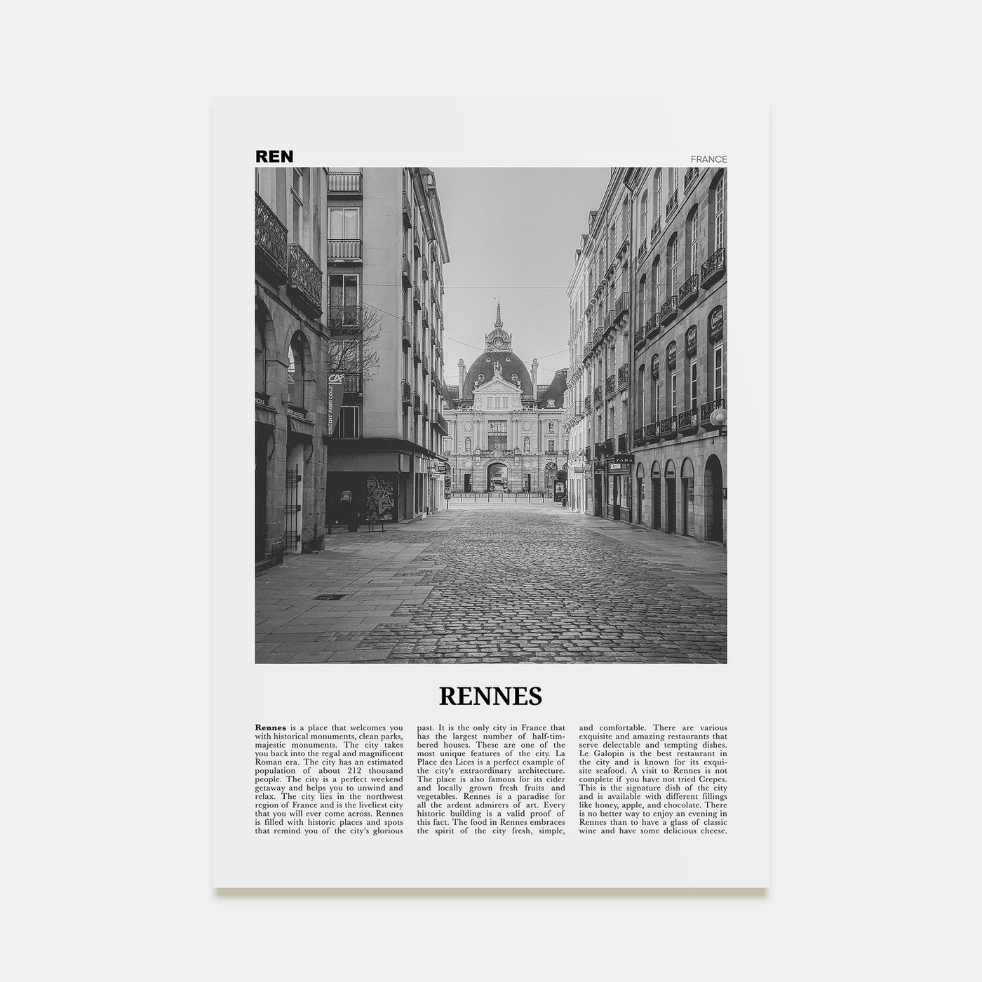 Rennes Travel B&W Poster