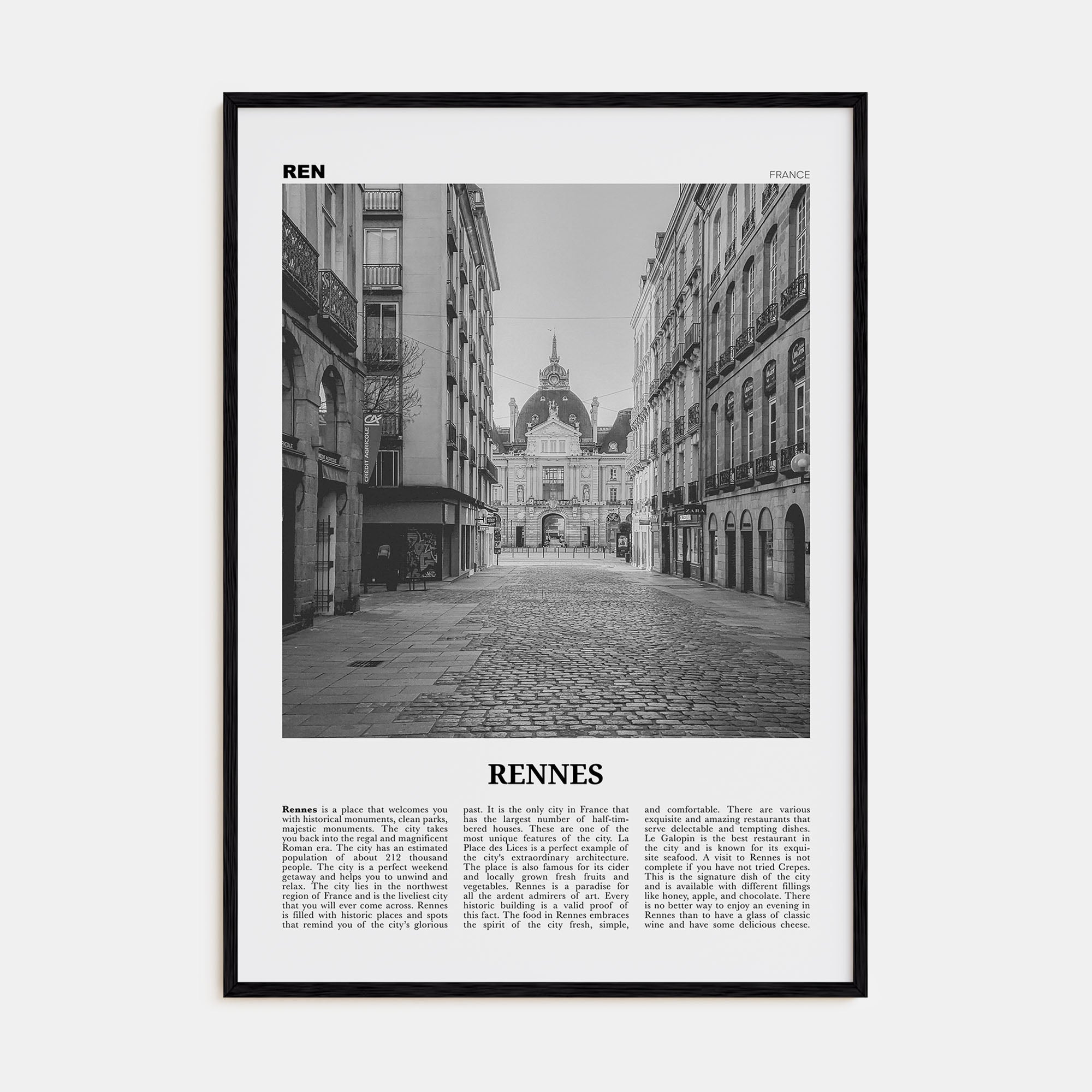 Rennes Travel B&W Poster