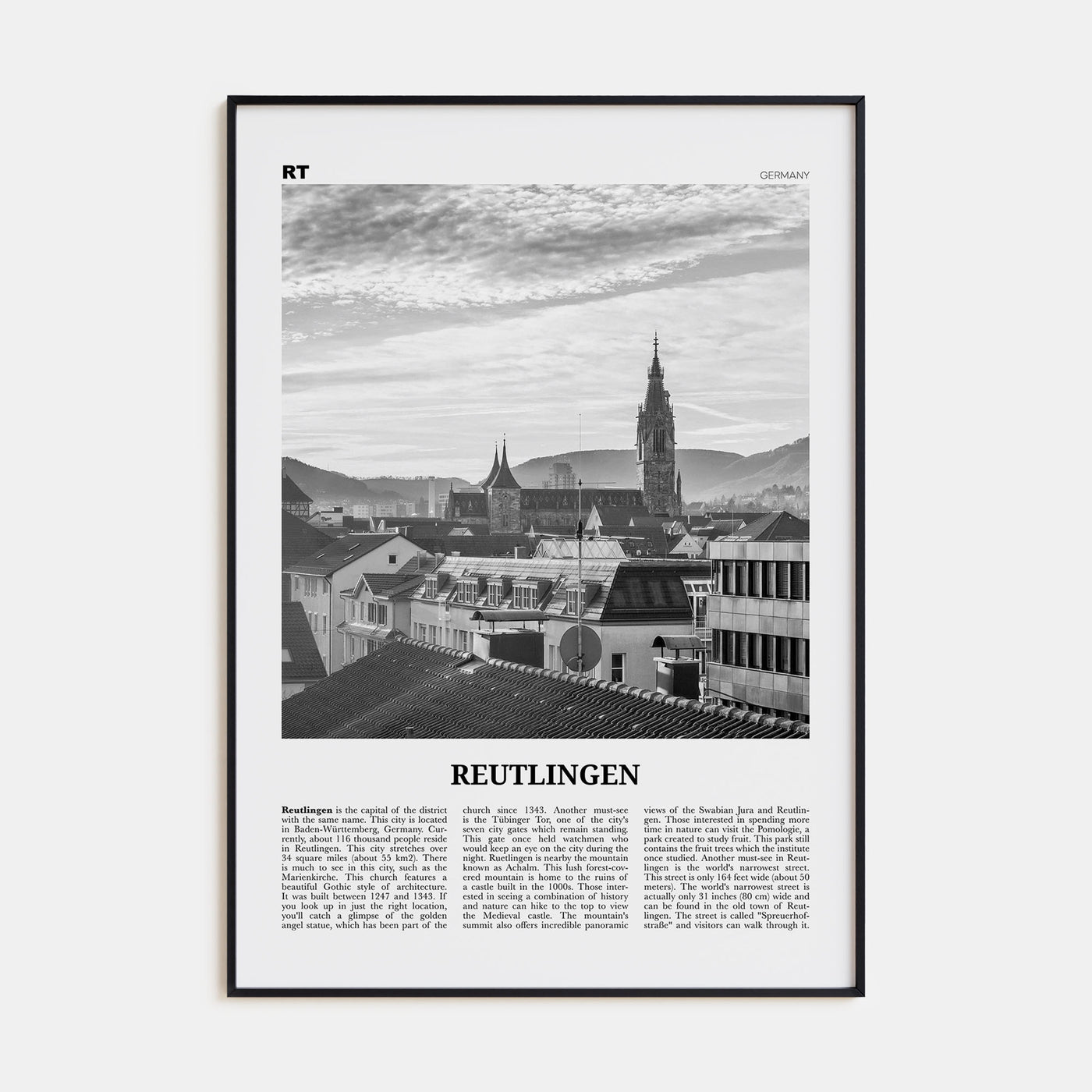 Reutlingen Travel B&W Poster