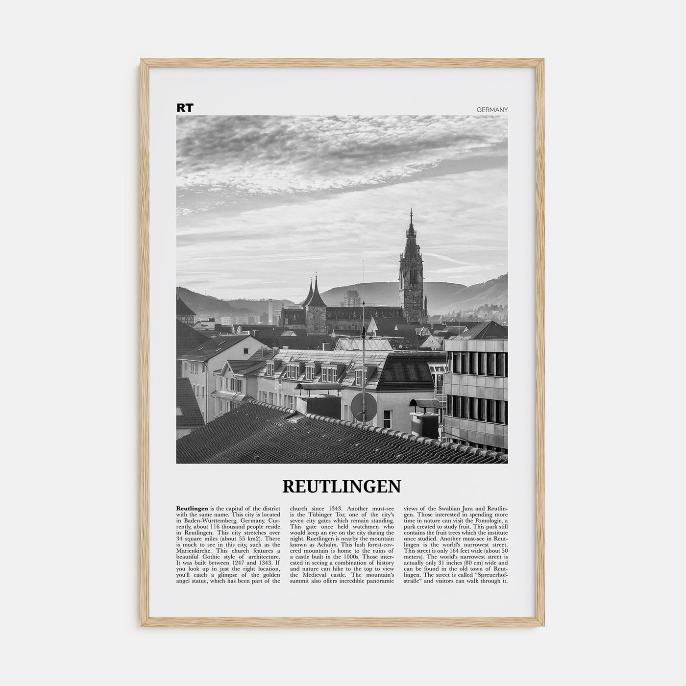 Reutlingen Travel B&W Poster