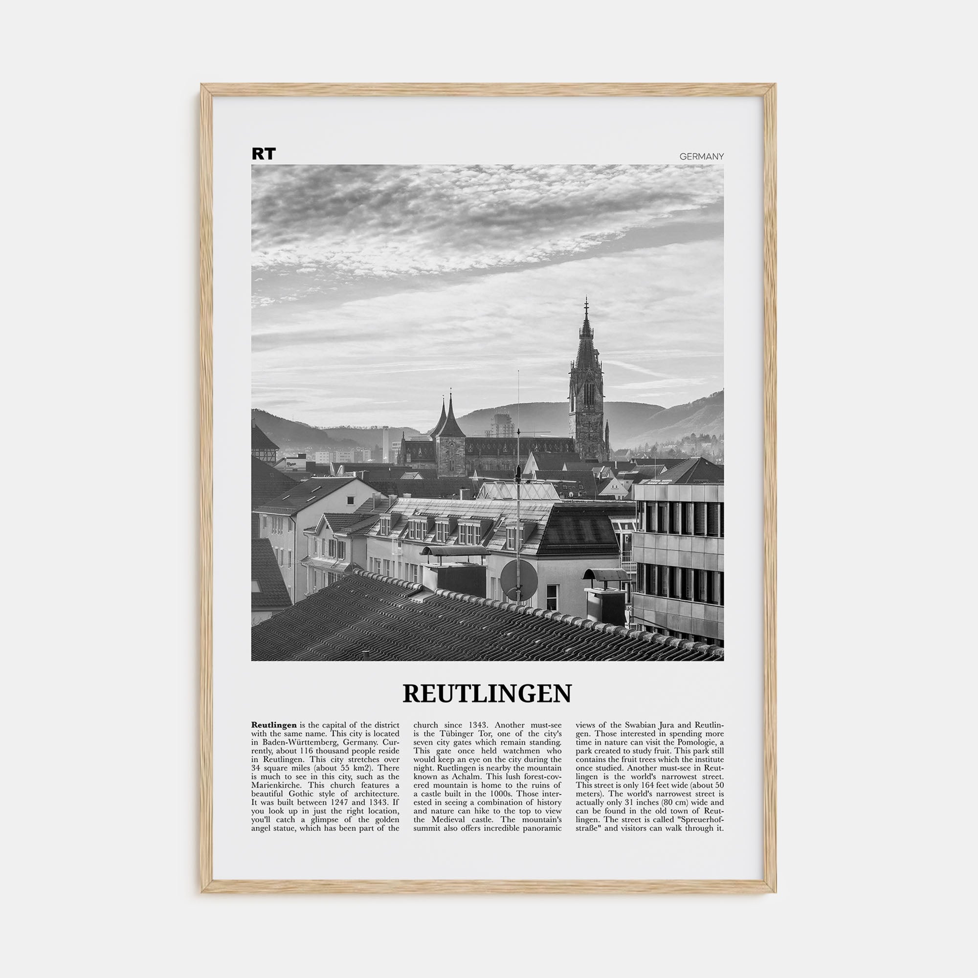 Reutlingen Travel B&W Poster