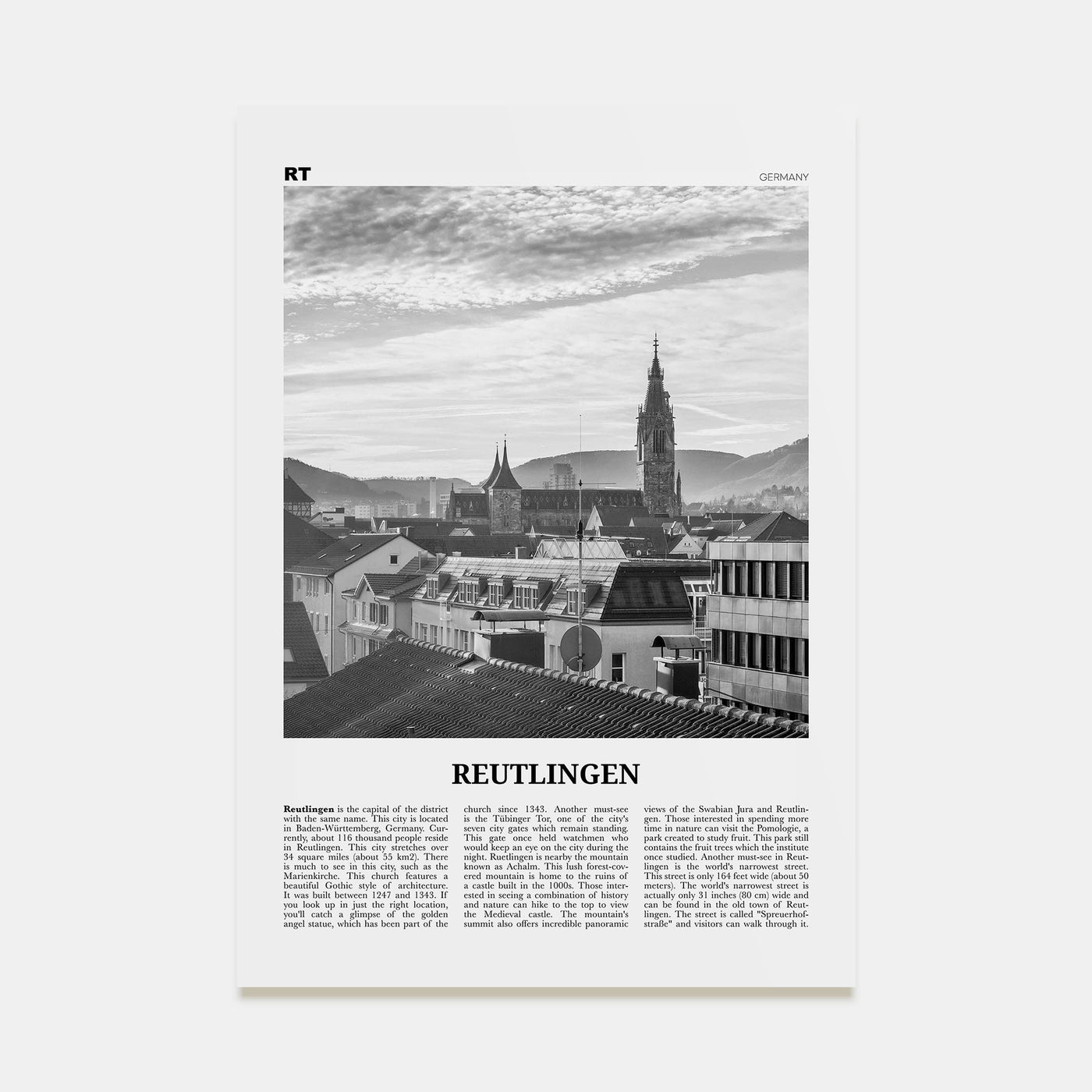 Reutlingen Travel B&W Poster
