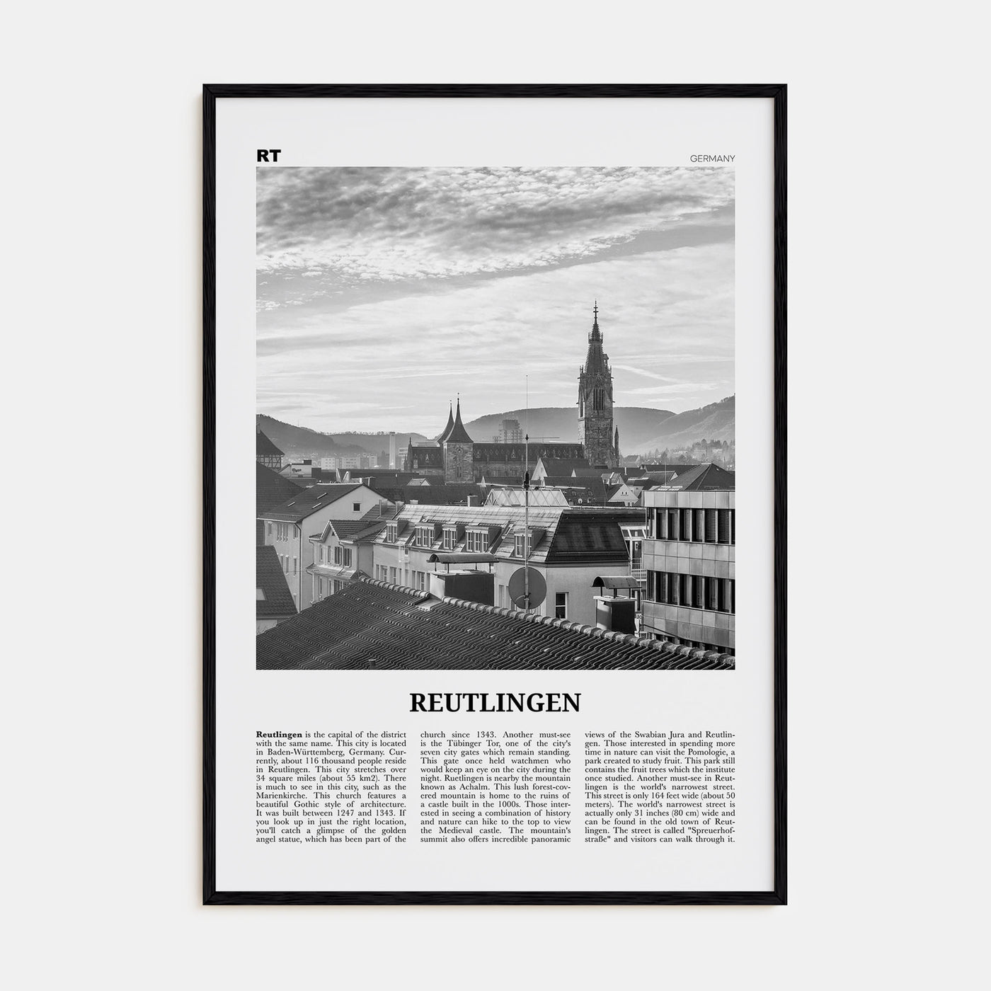Reutlingen Travel B&W Poster