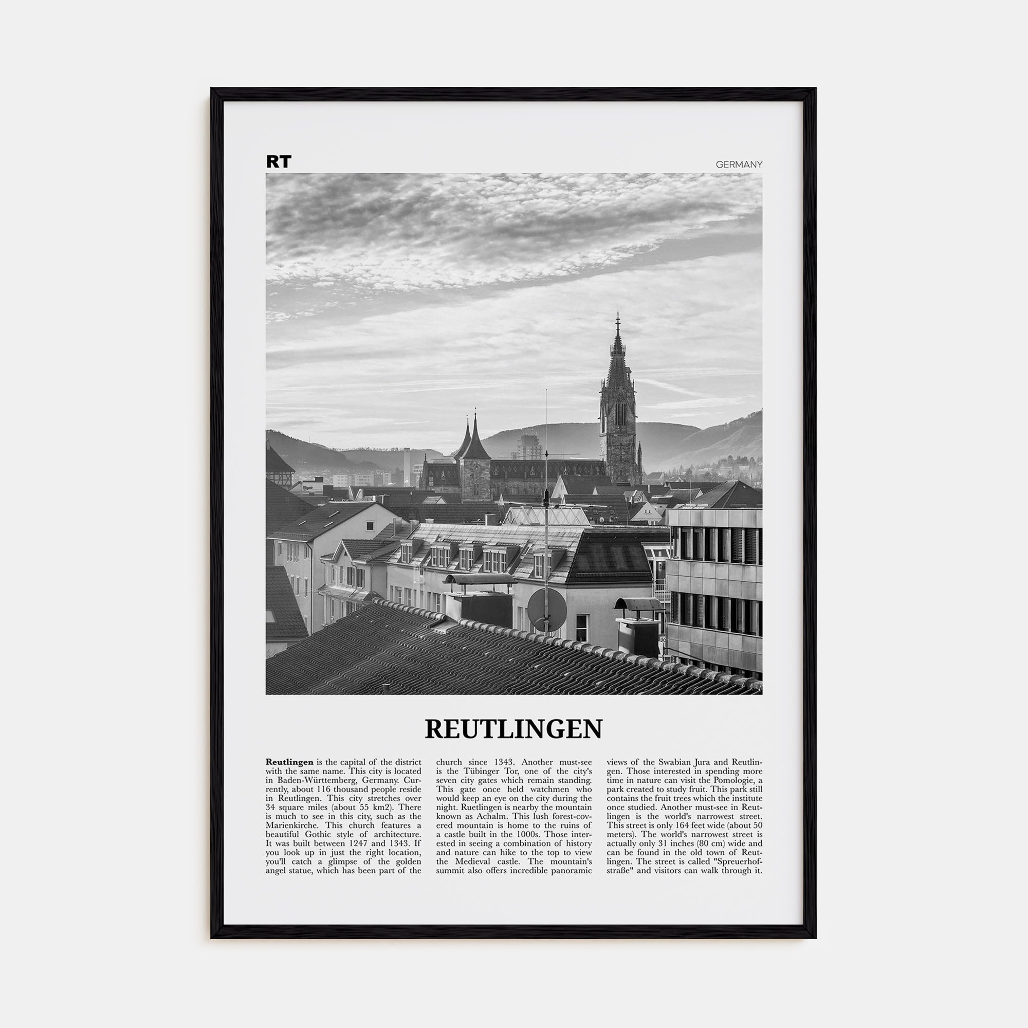 Reutlingen Travel B&W Poster