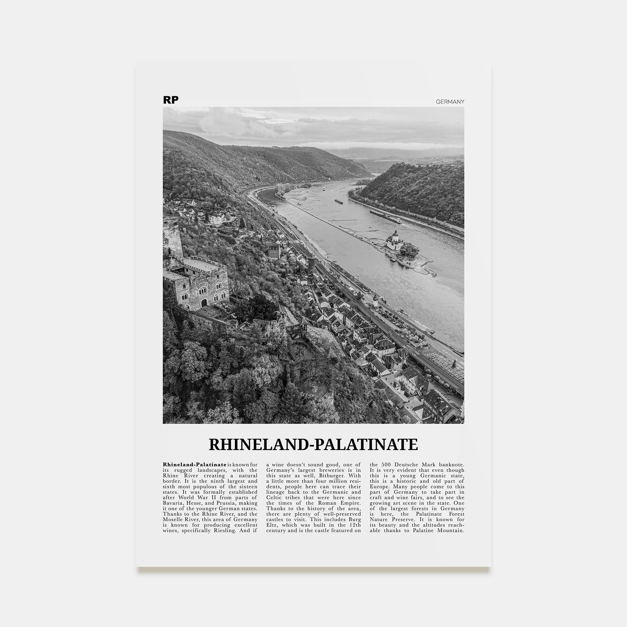 Rhineland-Palatinate Travel B&W Poster