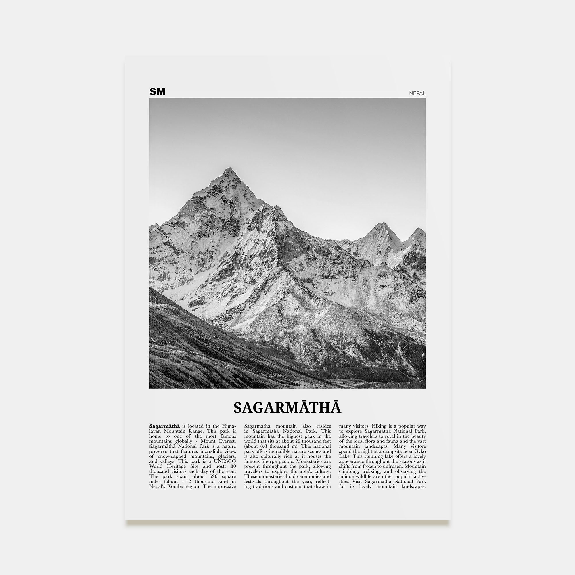 Sagarmāthā National Park Travel B&W Poster