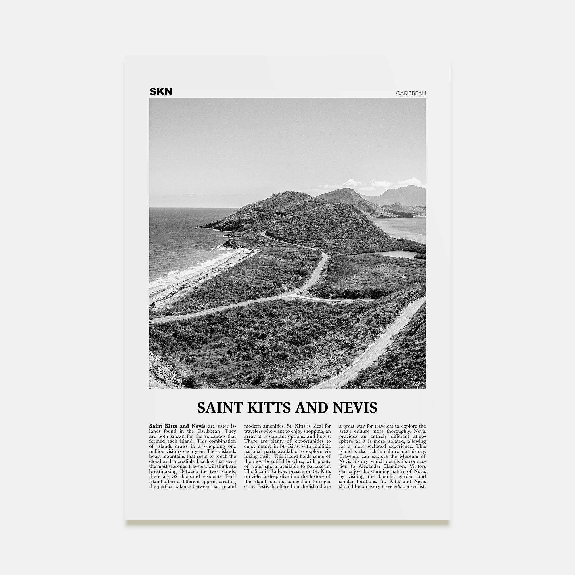 Saint Kitts and Nevis Travel B&W Poster