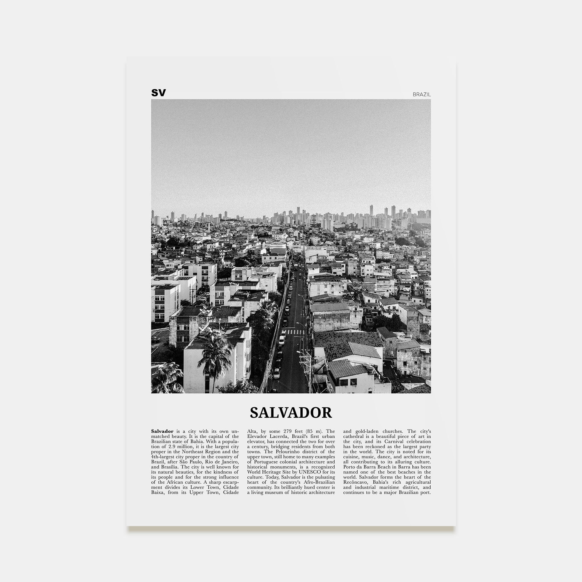Salvador Travel B&W Poster