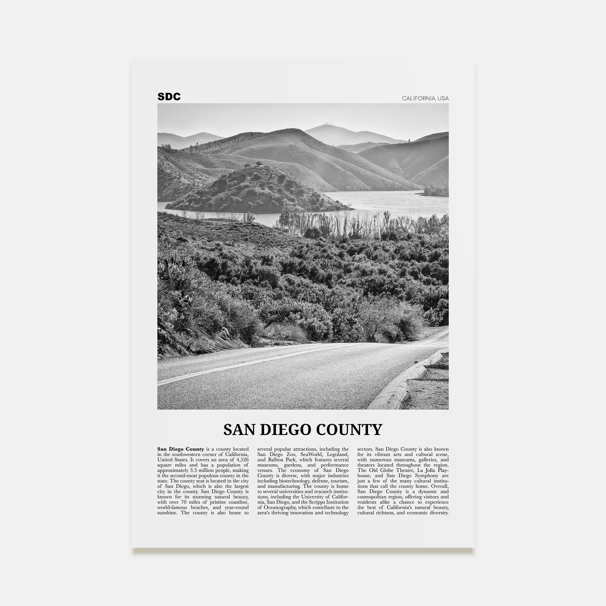 San Diego County Travel B&W Poster