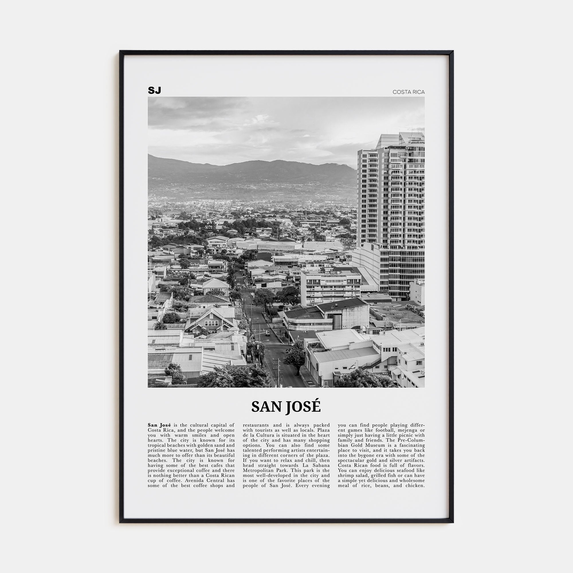 San José, Costa Rica Travel B&W Poster
