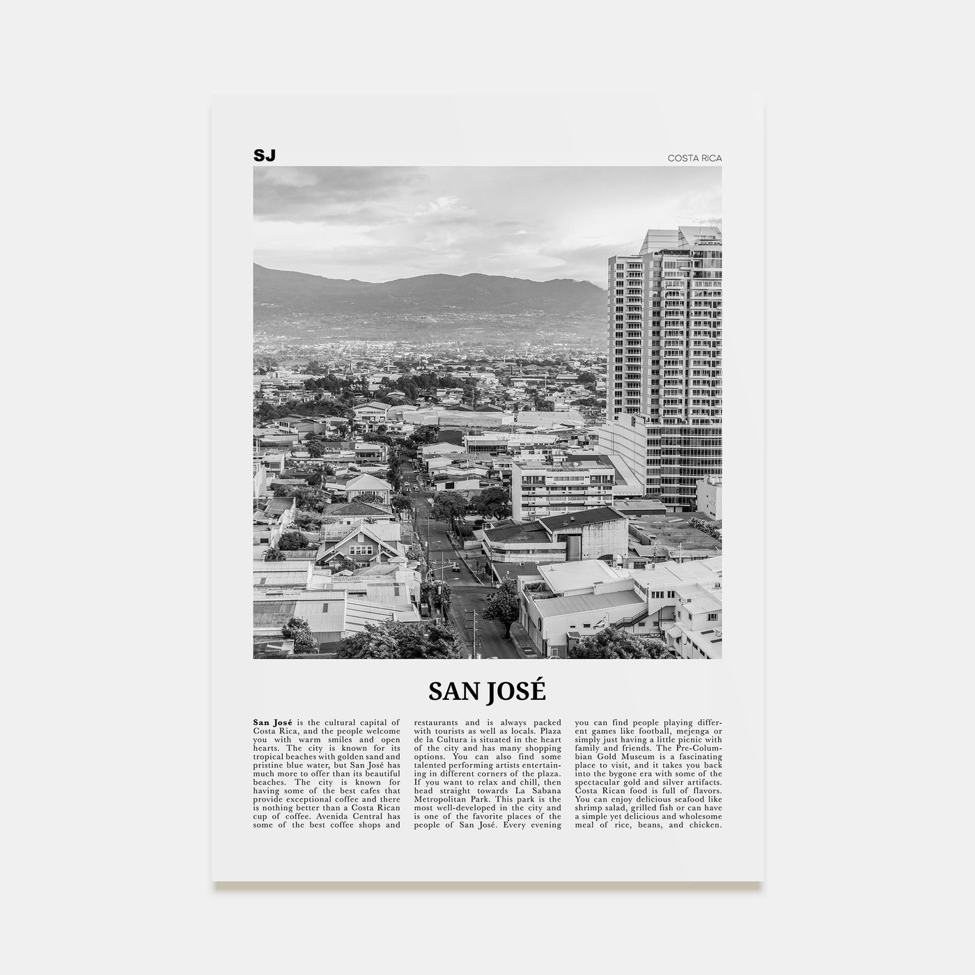 San José, Costa Rica Travel B&W Poster