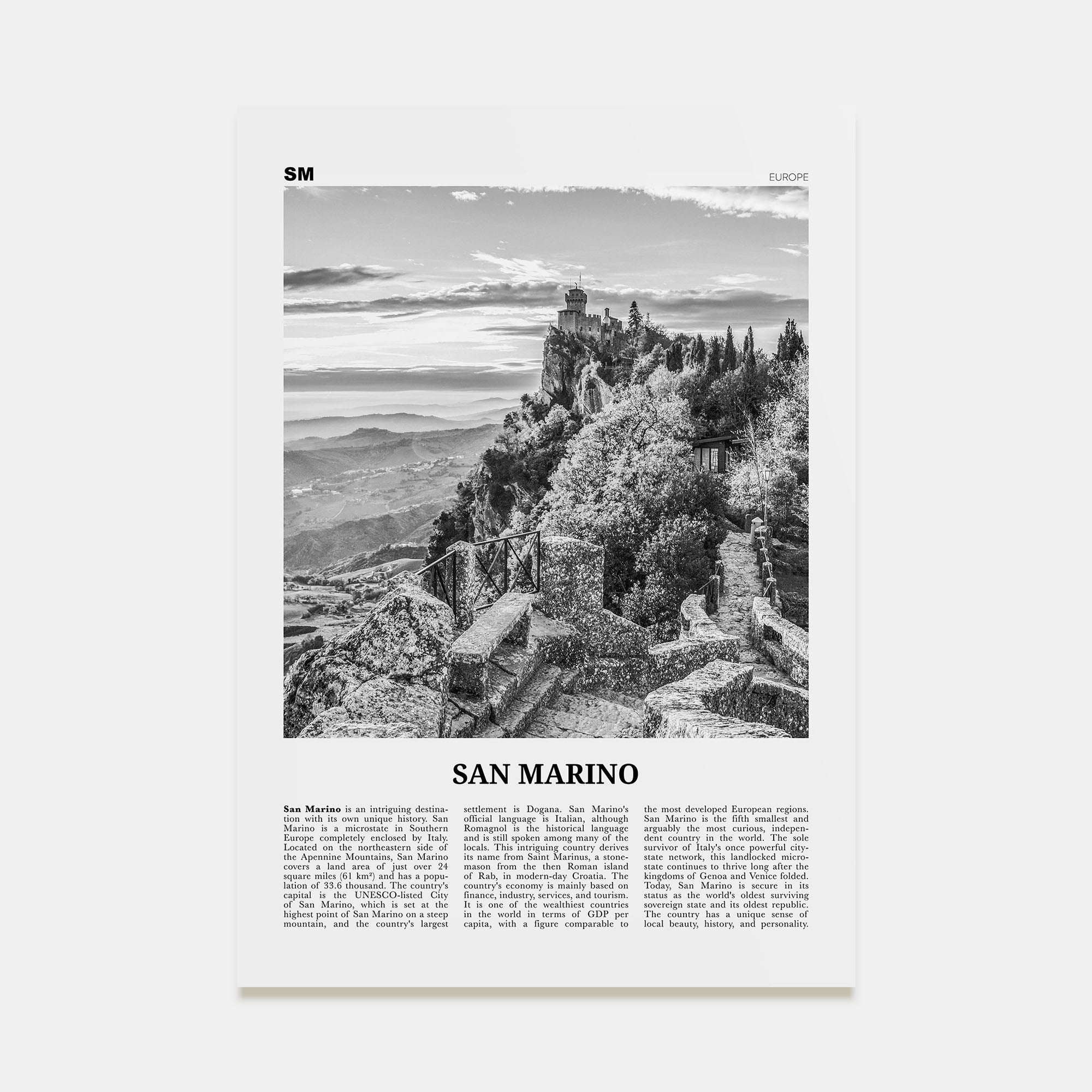 San Marino Travel B&W Poster