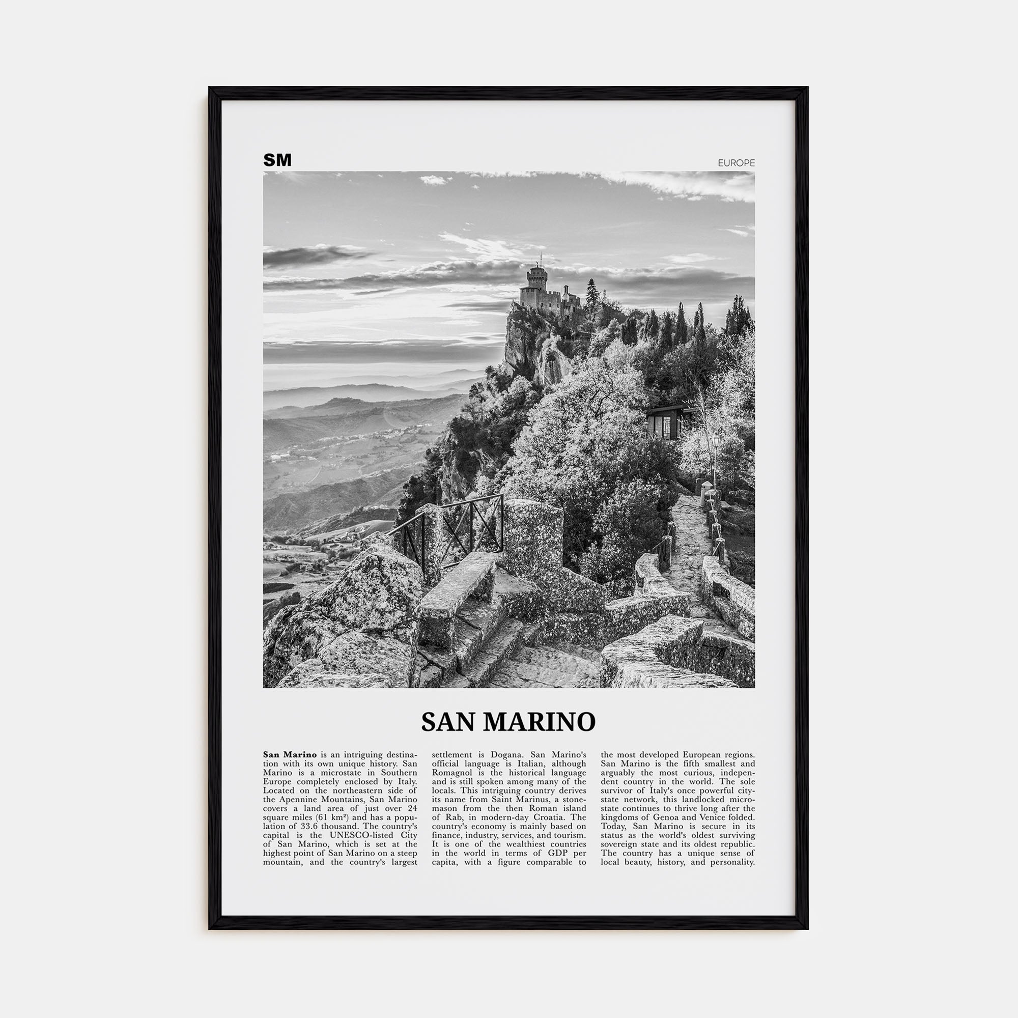 San Marino Travel B&W Poster
