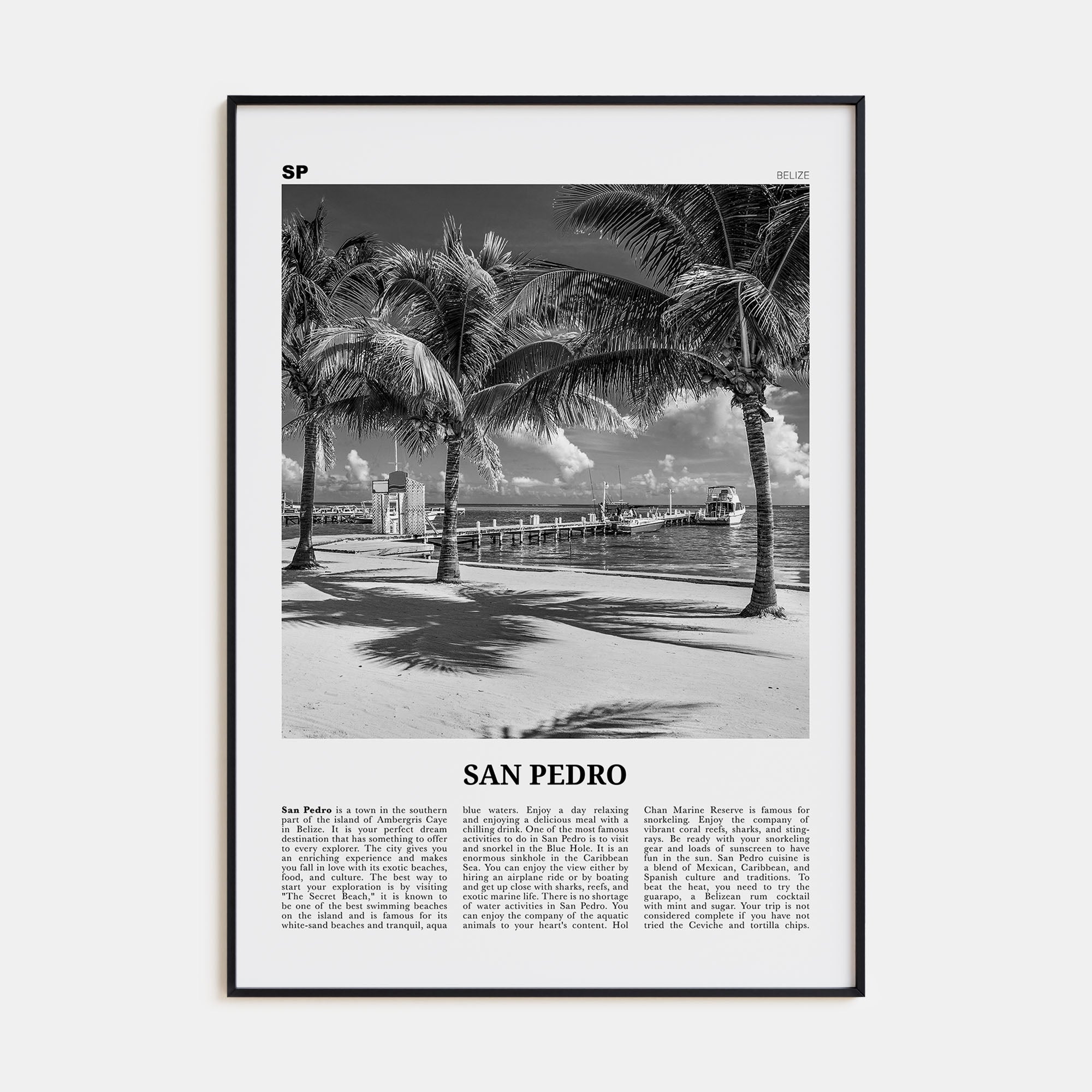 San Pedro, Belize Travel B&W Poster