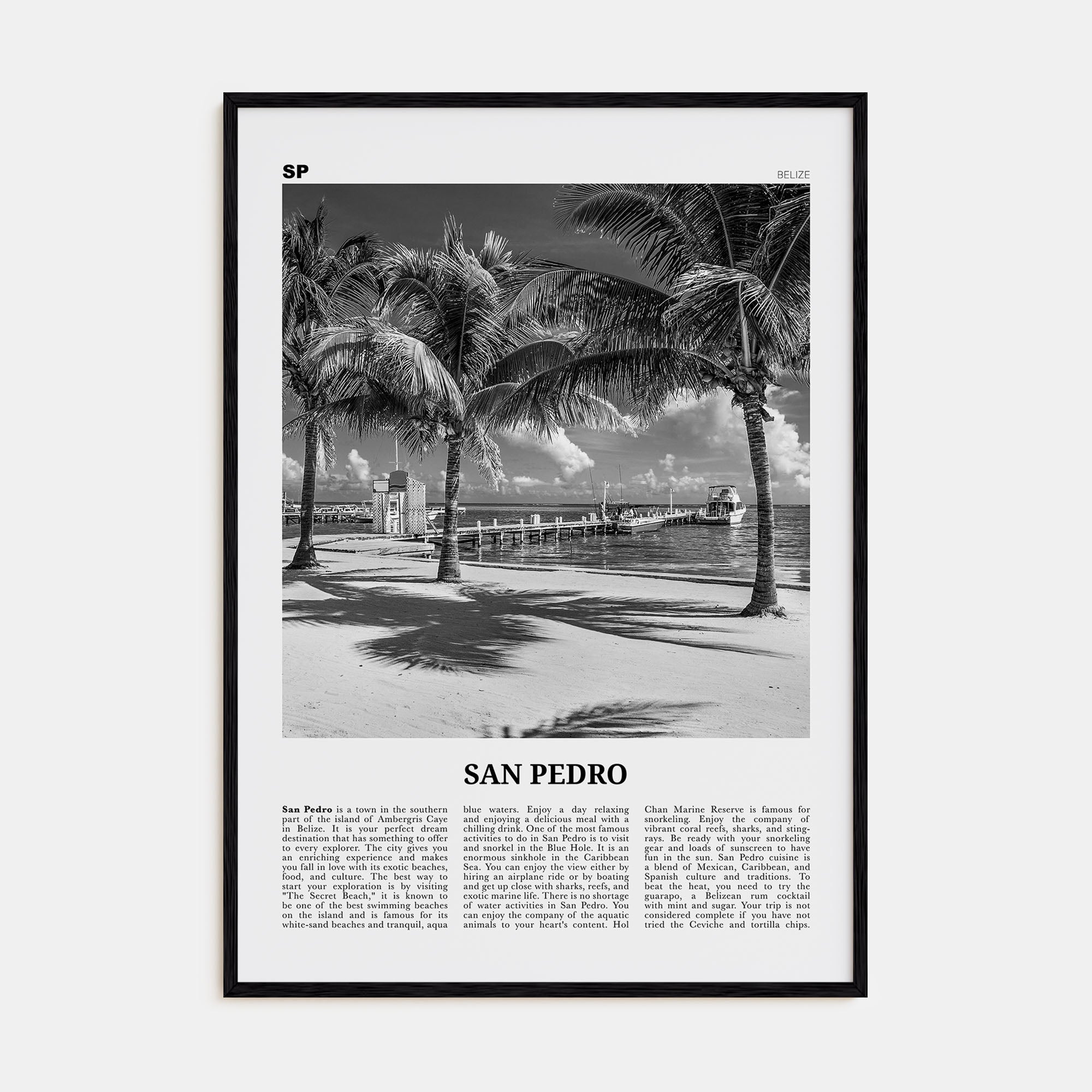 San Pedro, Belize Travel B&W Poster
